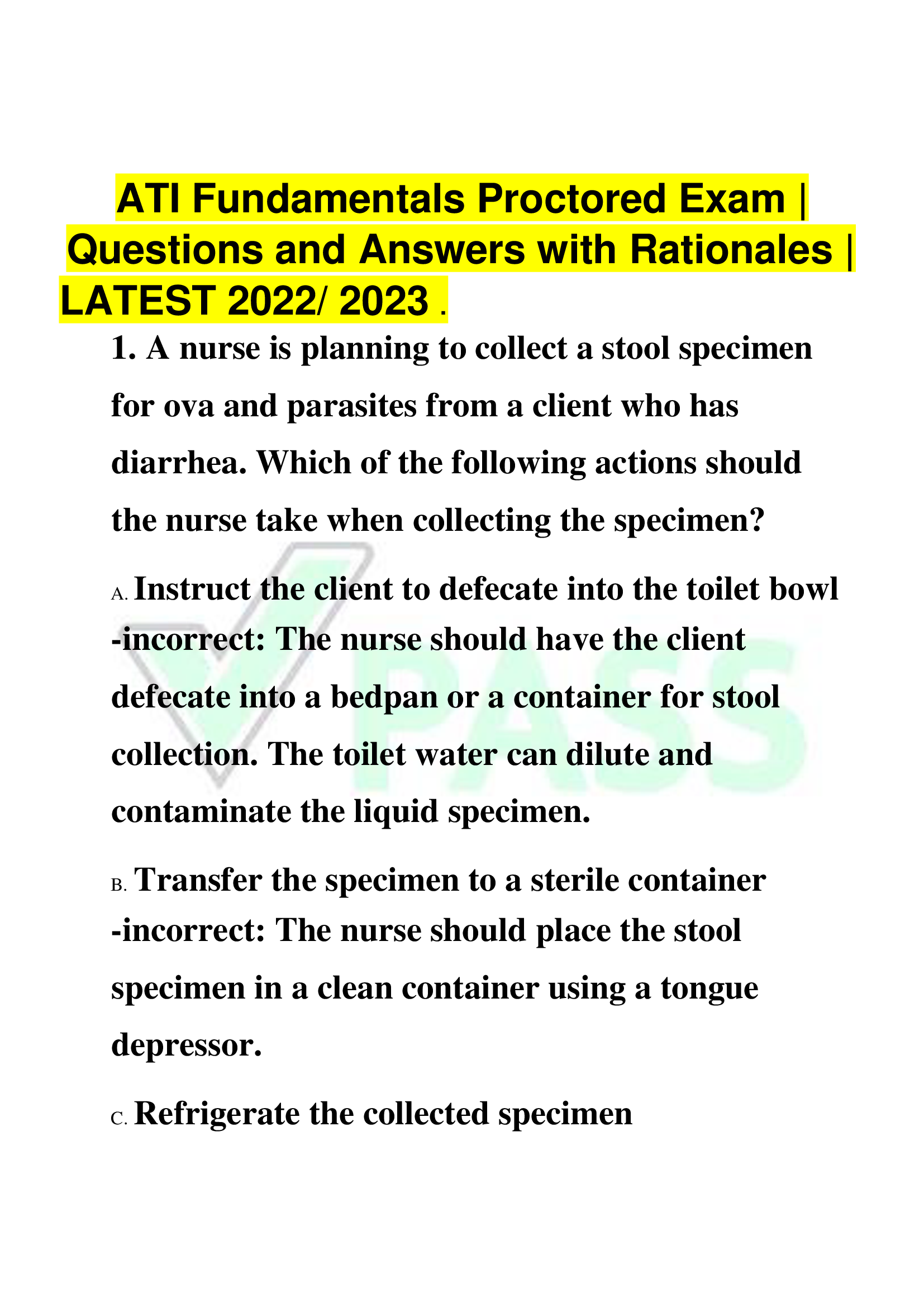 ATI Fundamentals Proctored Exam |  Questions and Answers with Rationales |  LATEST 2022, 2023 .