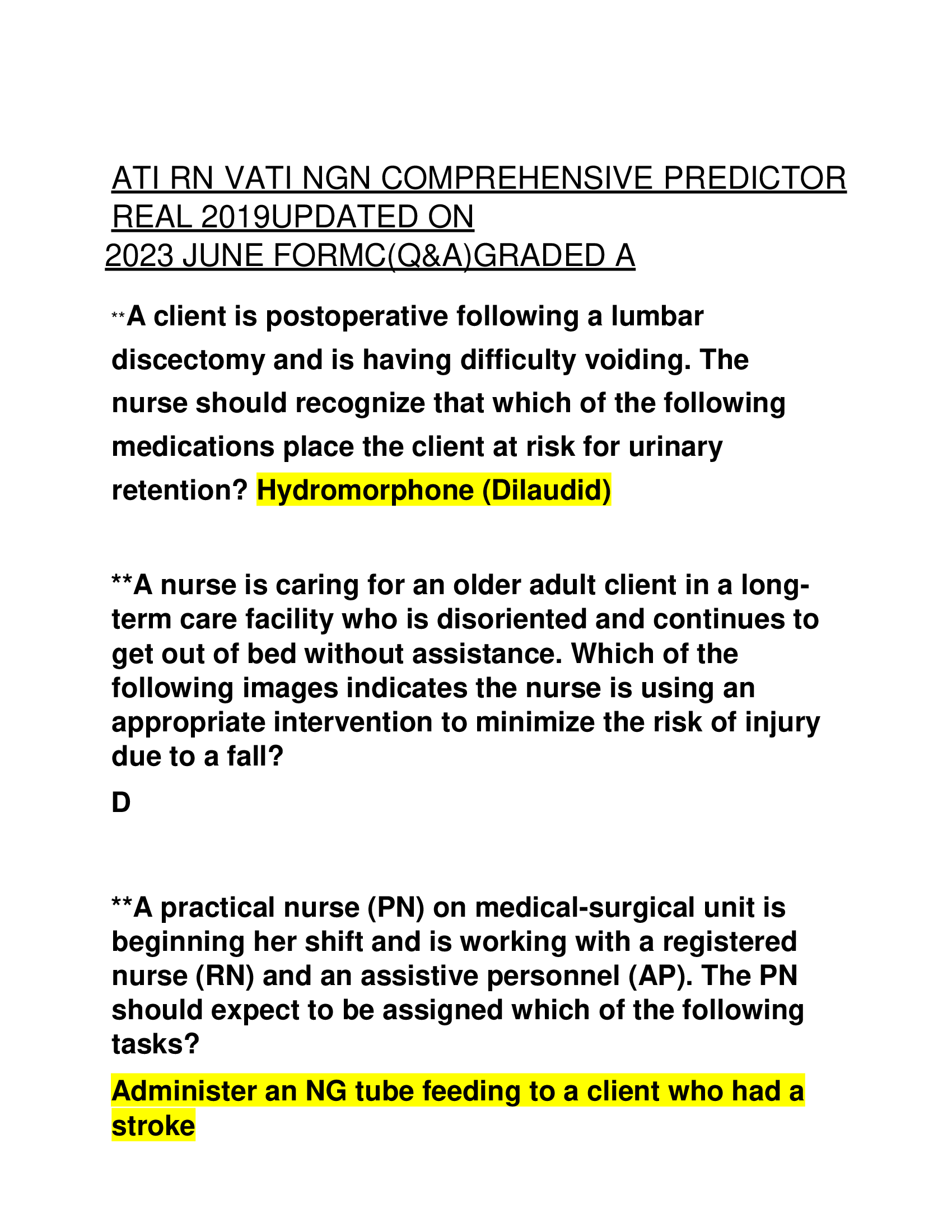 ATI RN VATI NGN COMPREHENSIVE PREDICTOR  REAL 2019UPDATED ON  2023 JUNE FORMC(Q&A)GRADED A