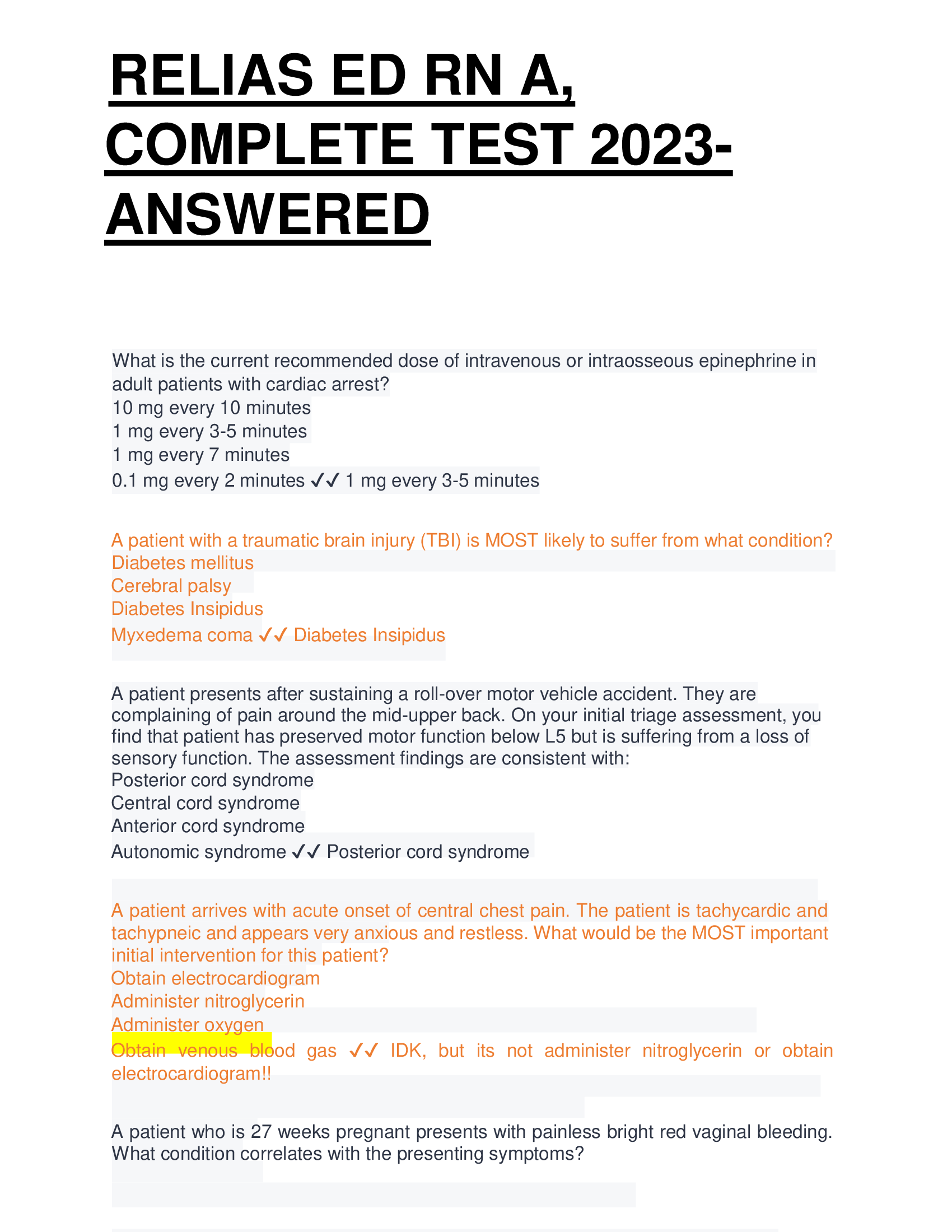 RELIAS ED RN A,  COMPLETE TEST 2023- ANSWERED