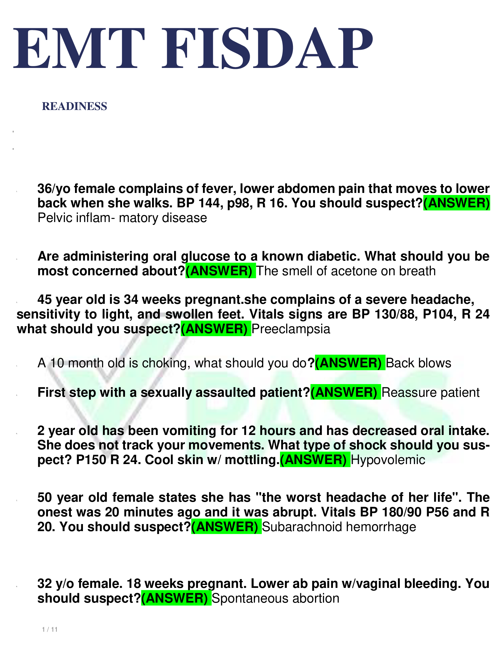 EMT FISDAP  1, 11 READINESS