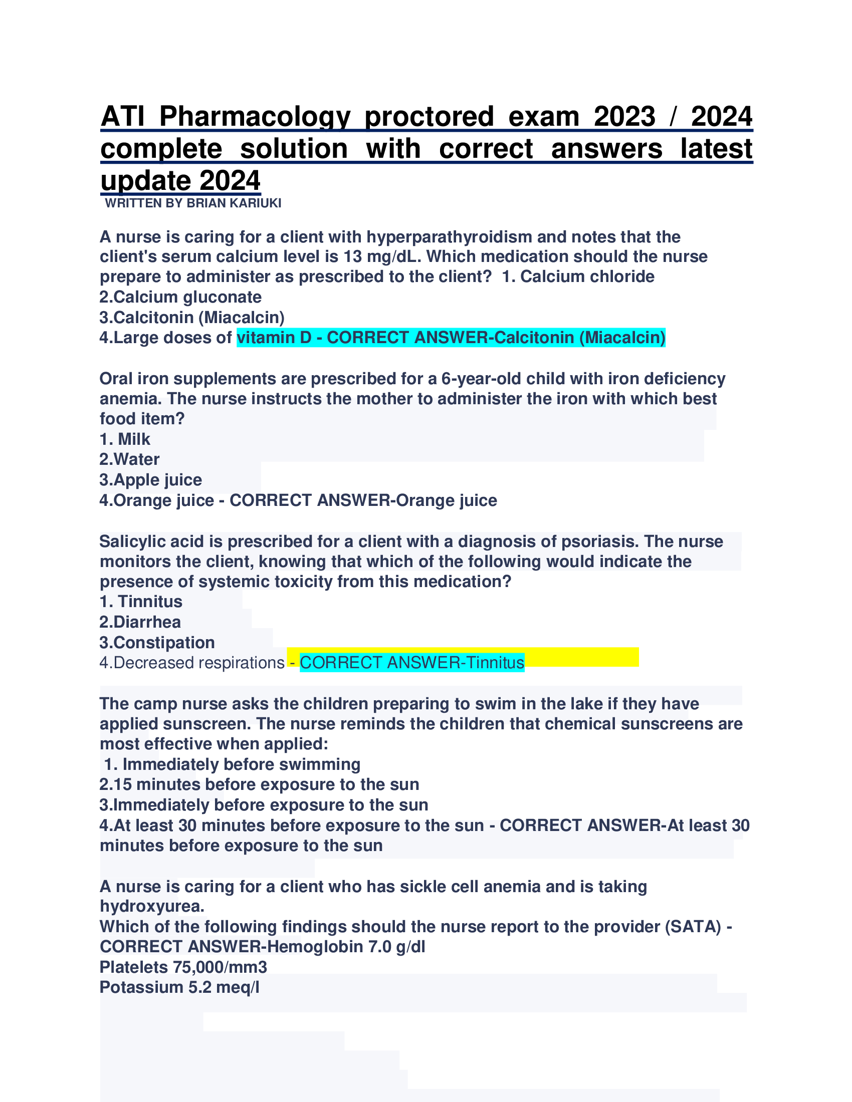 ATI Pharmacology proctored exam 2023 2024 complete solution with correct answers latest update 2024
