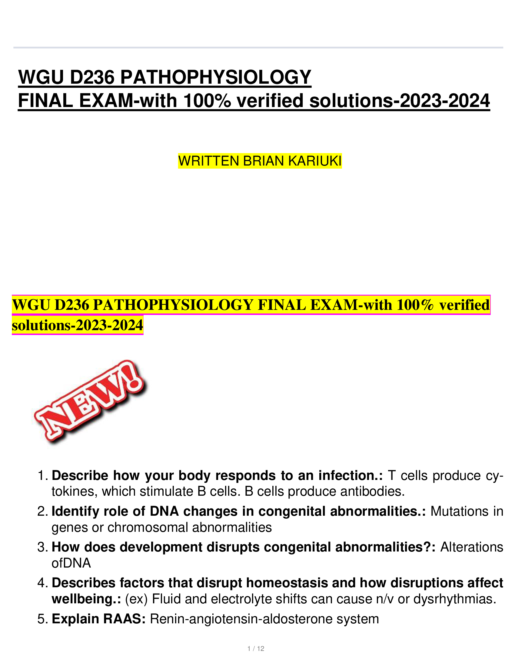 WGU D236 PATHOPHYSIOLOGY FINAL EXAM-with 100% verified solutions-2023-2024