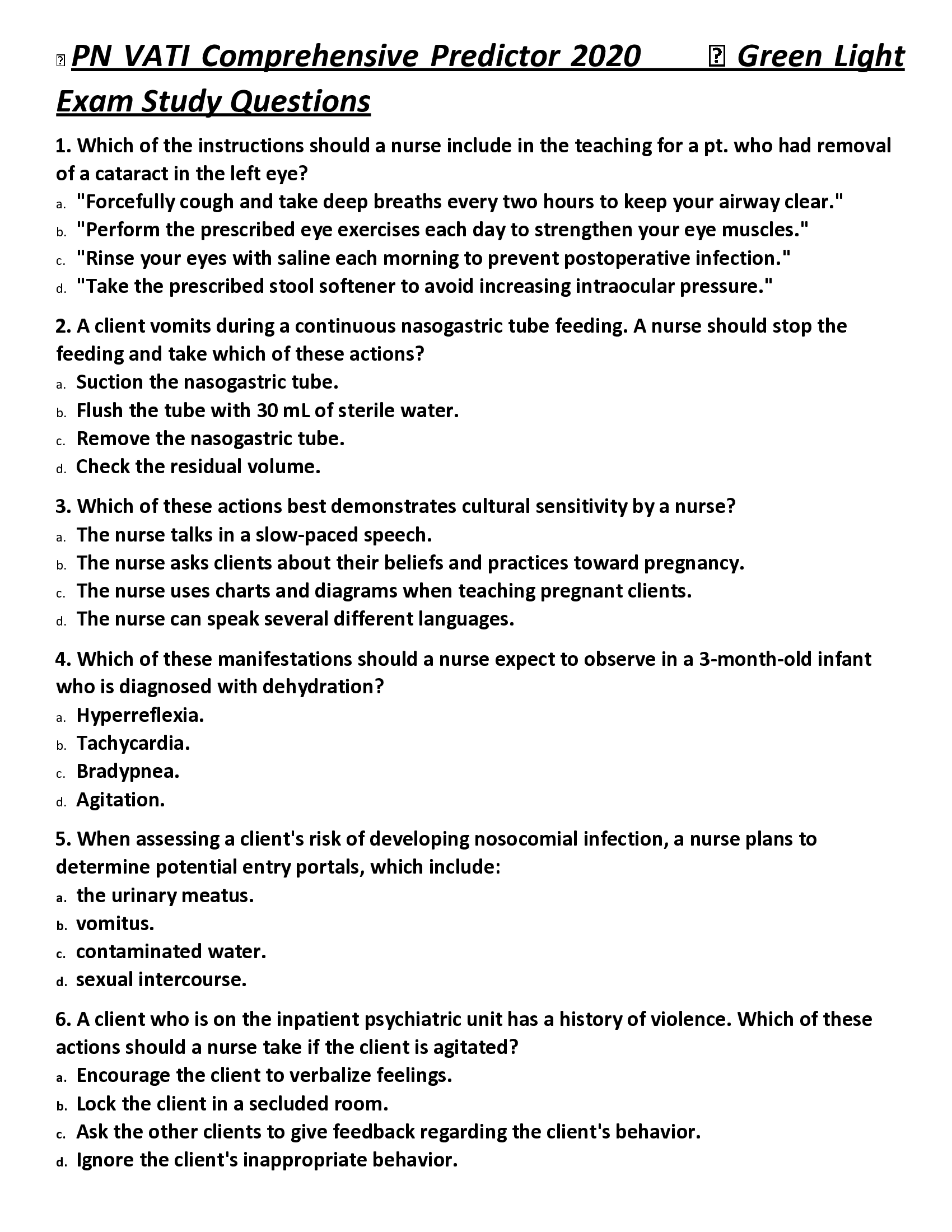 PN VATI Comprehensive Predictor 2020 Green Light  Exam Study Questions