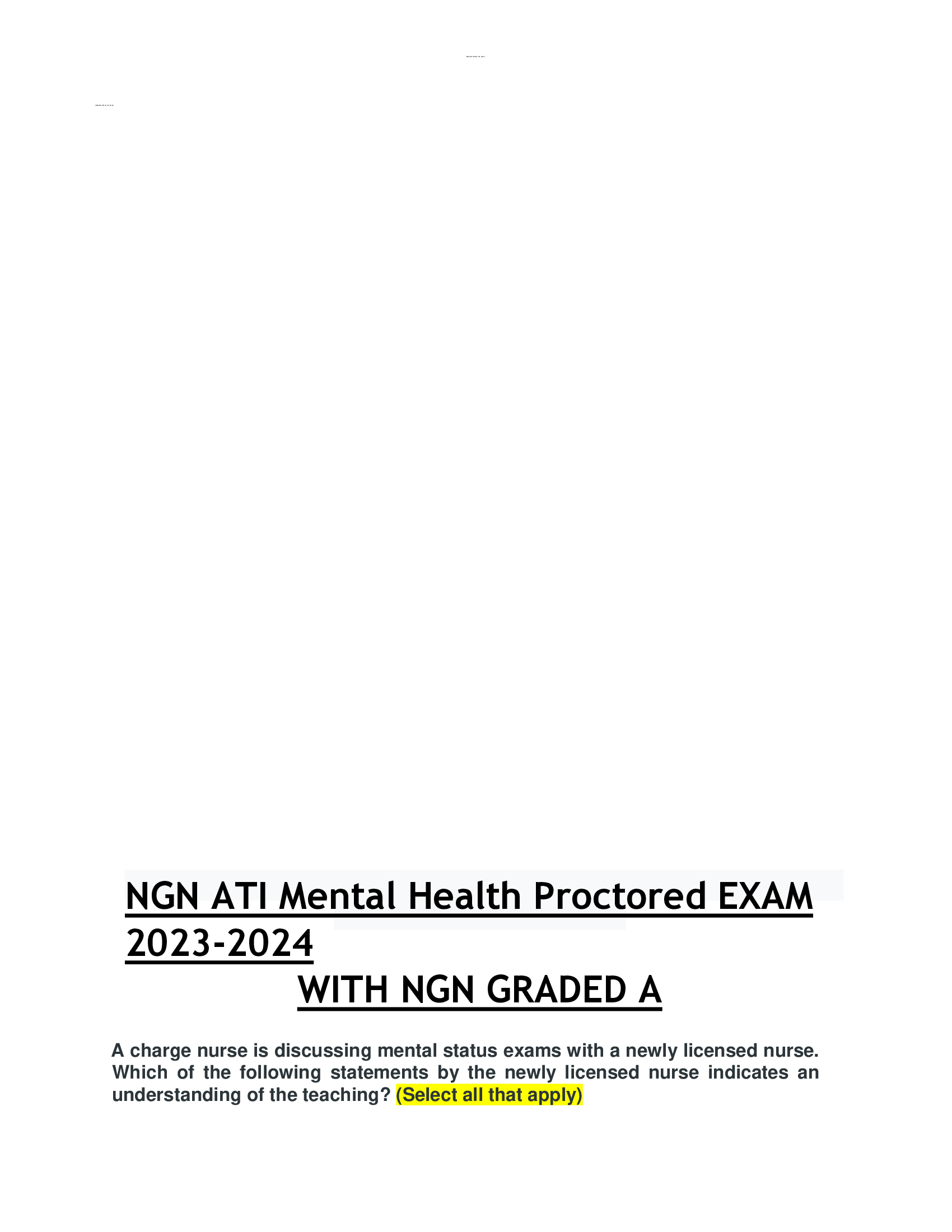 NGN ATI Mental Health Proctored EXAM  2023-2024  WITH NGN GRADED A
