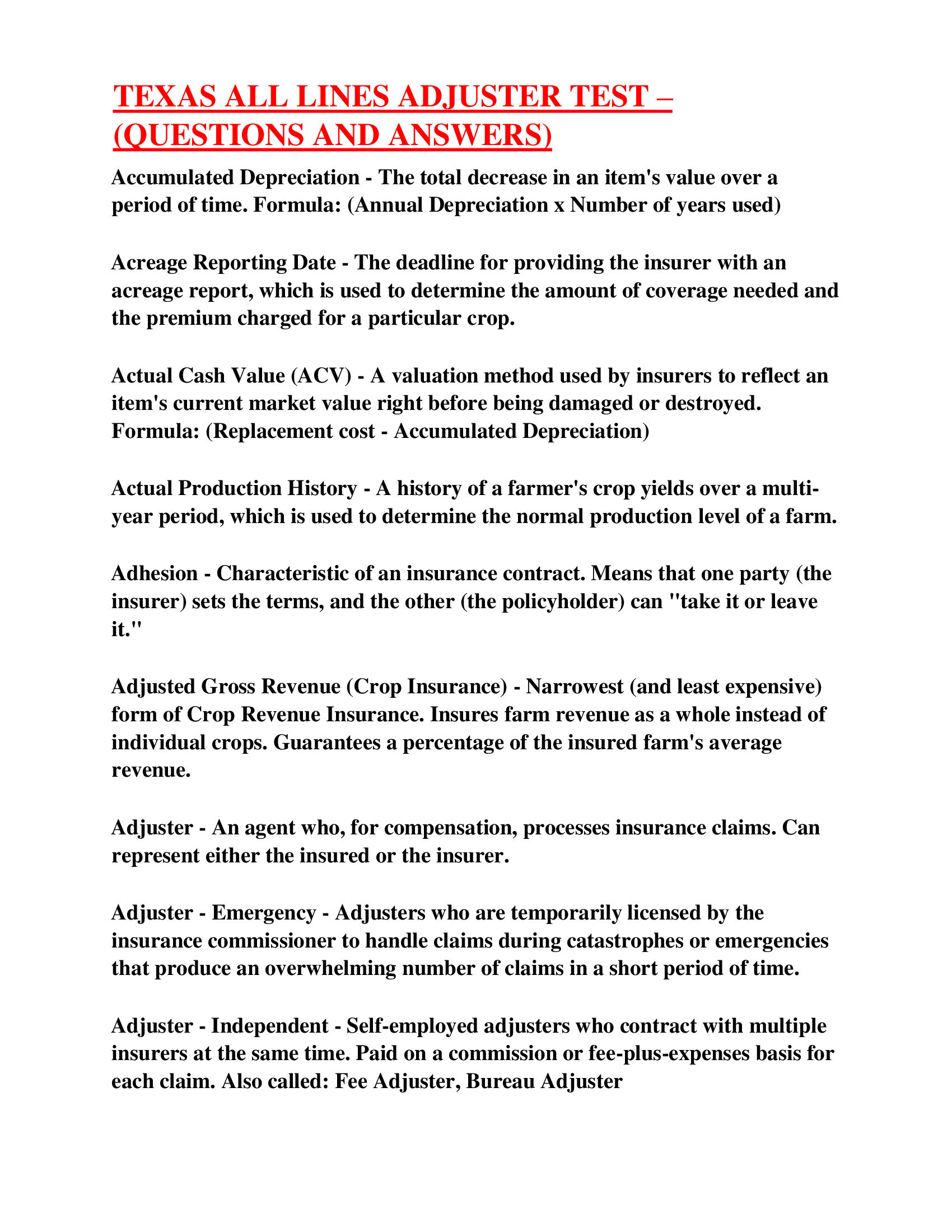 TEXAS ALL LINES ADJUSTER TEST – (QUESTIONS AND ANSWERS)