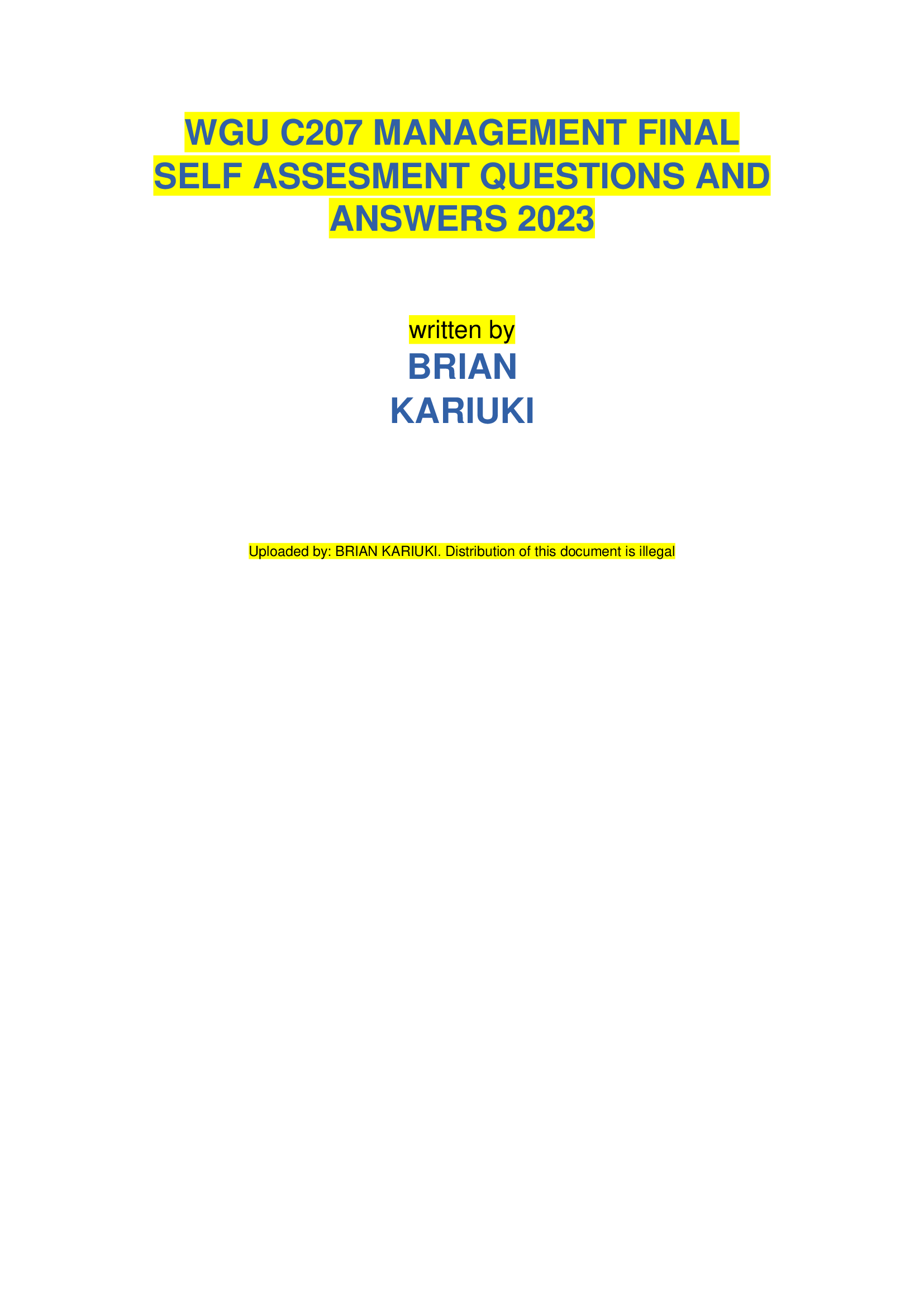 WGU C207 MANAGEMENT FINAL SELF ASSESMENT QUESTIONS AND  ANSWERS 2023