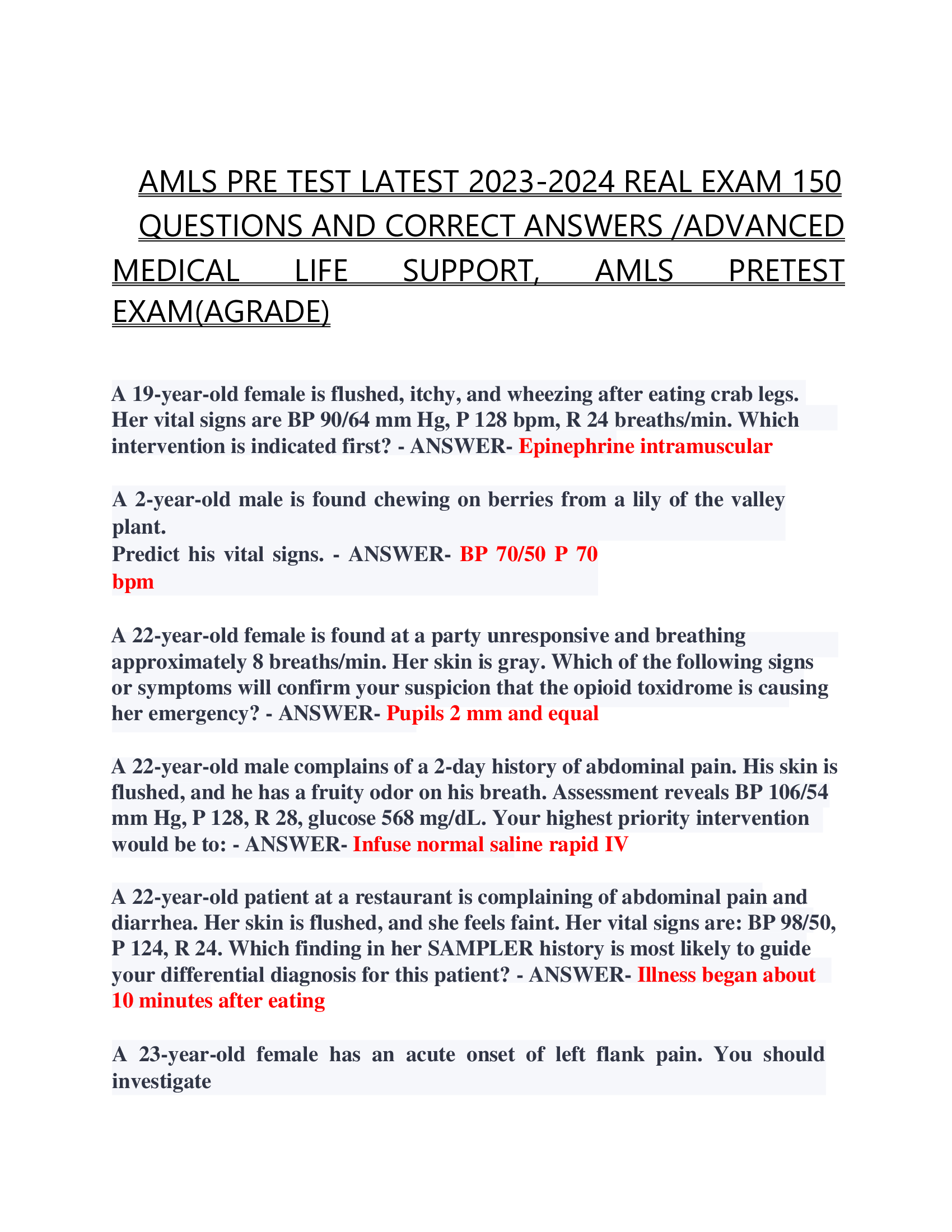 AMLS PRE TEST LATEST 2023-2024 REAL EXAM 150  QUESTIONS AND CORRECT ANSWERS | ADVANCED  MEDICAL LIFE SUPPORT, AMLS PRETEST  EXAM(AGRADE)