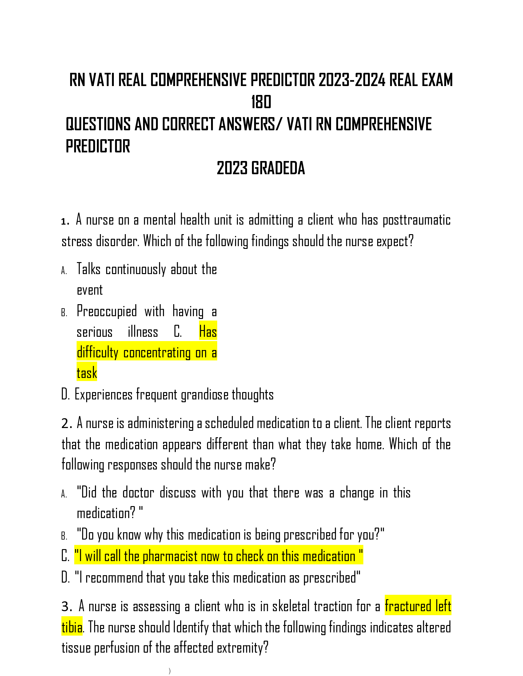 RN VATI REAL COMPREHENSIVE PREDICTOR 2023-2024 REAL EXAM  180  QUESTIONS AND CORRECT ANSWERS, VATI RN COMPREHENSIVE  PREDICTOR  2023 GRADEDA