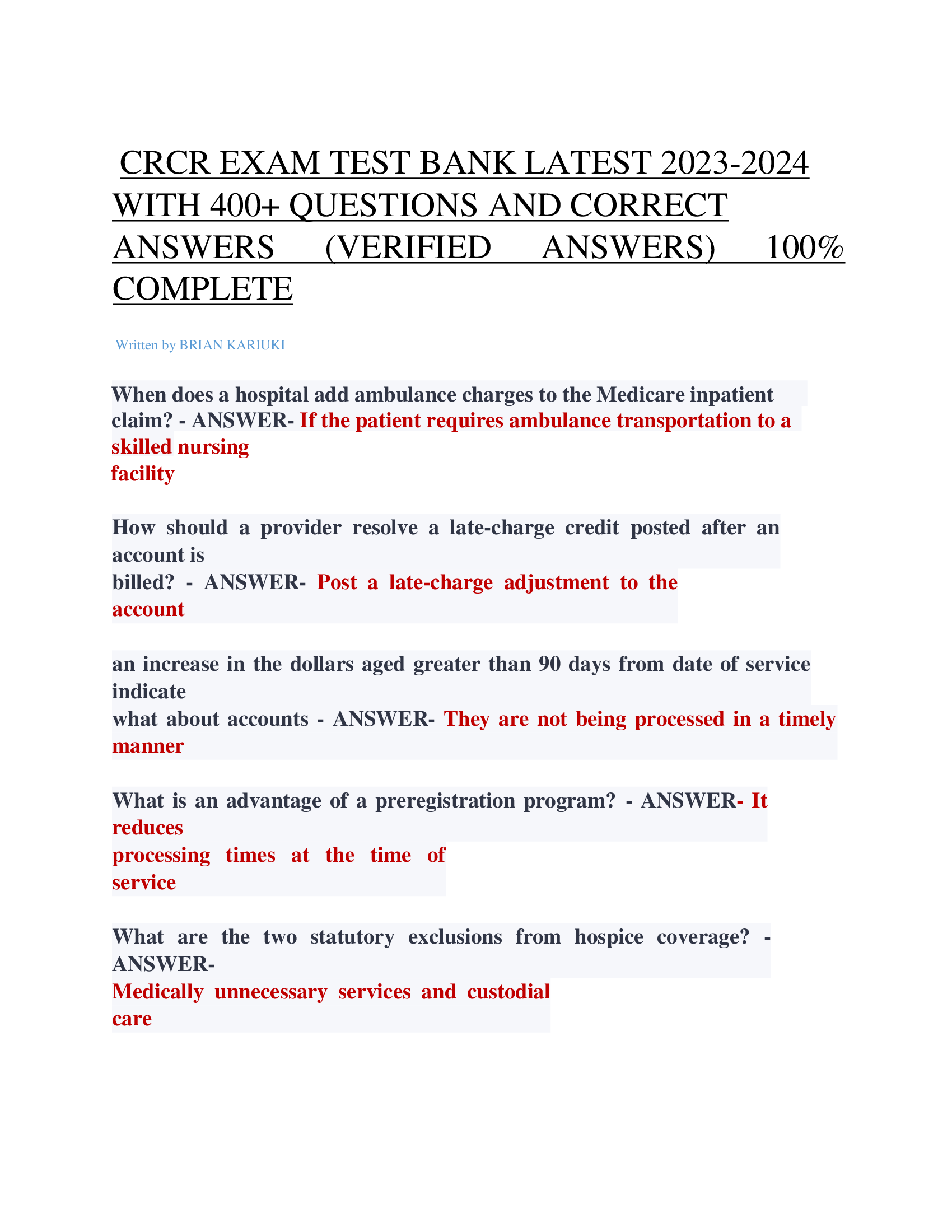 CRCR EXAM TEST BANK LATEST 2023-2024  WITH 400+ QUESTIONS AND CORRECT  ANSWERS (VERIFIED ANSWERS) 100%  COMPLETE