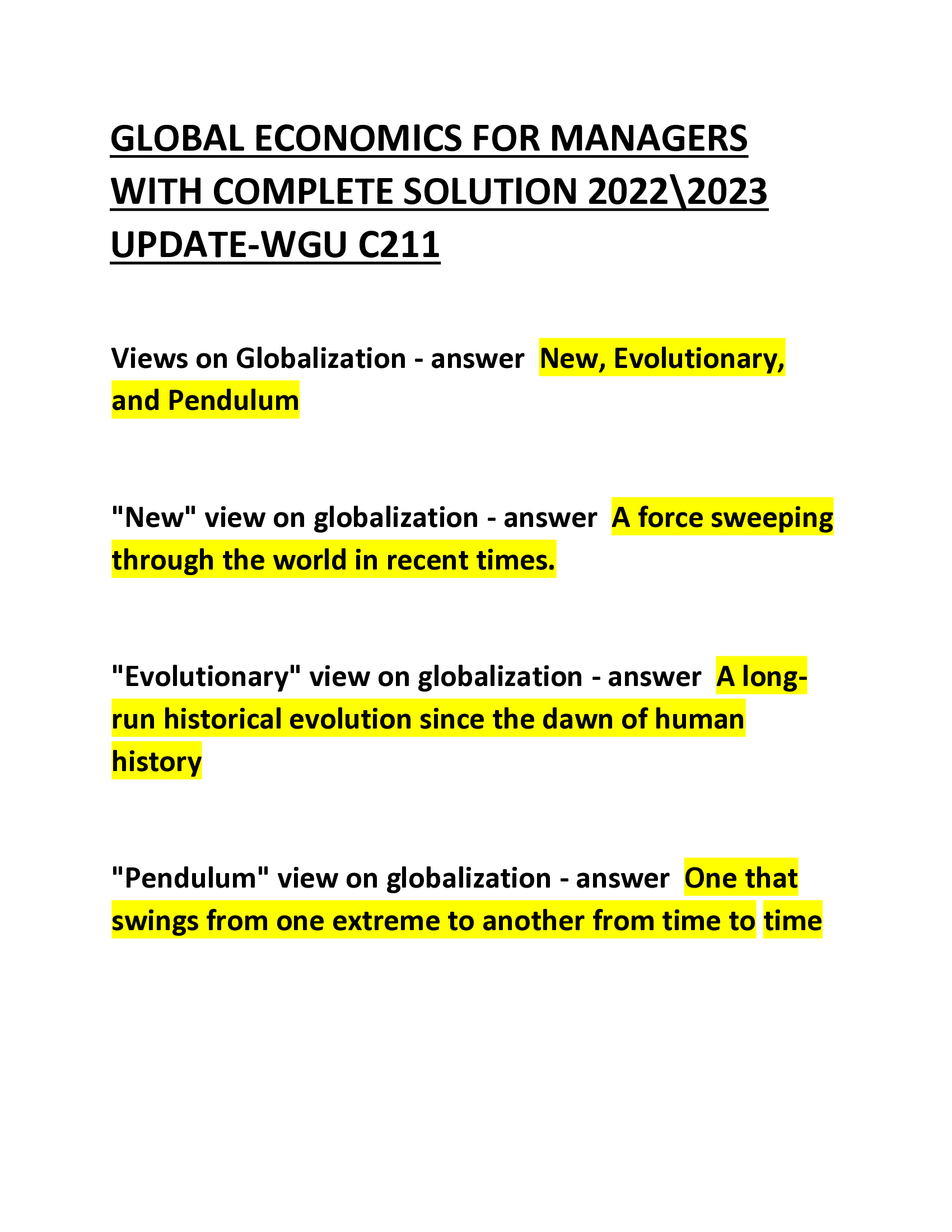 GLOBAL ECONOMICS FOR MANAGERS  WITH COMPLETE SOLUTION 2022\2023  UPDATE-WGU C211