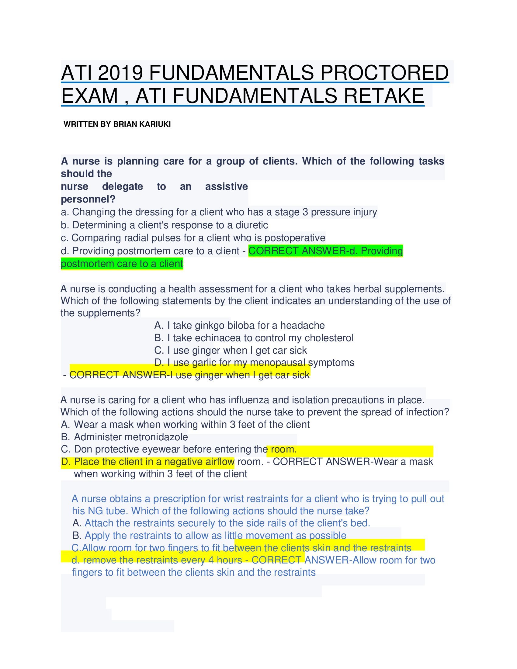 ATI 2019 FUNDAMENTALS PROCTORED EXAM , ATI FUNDAMENTALS RETAKE
