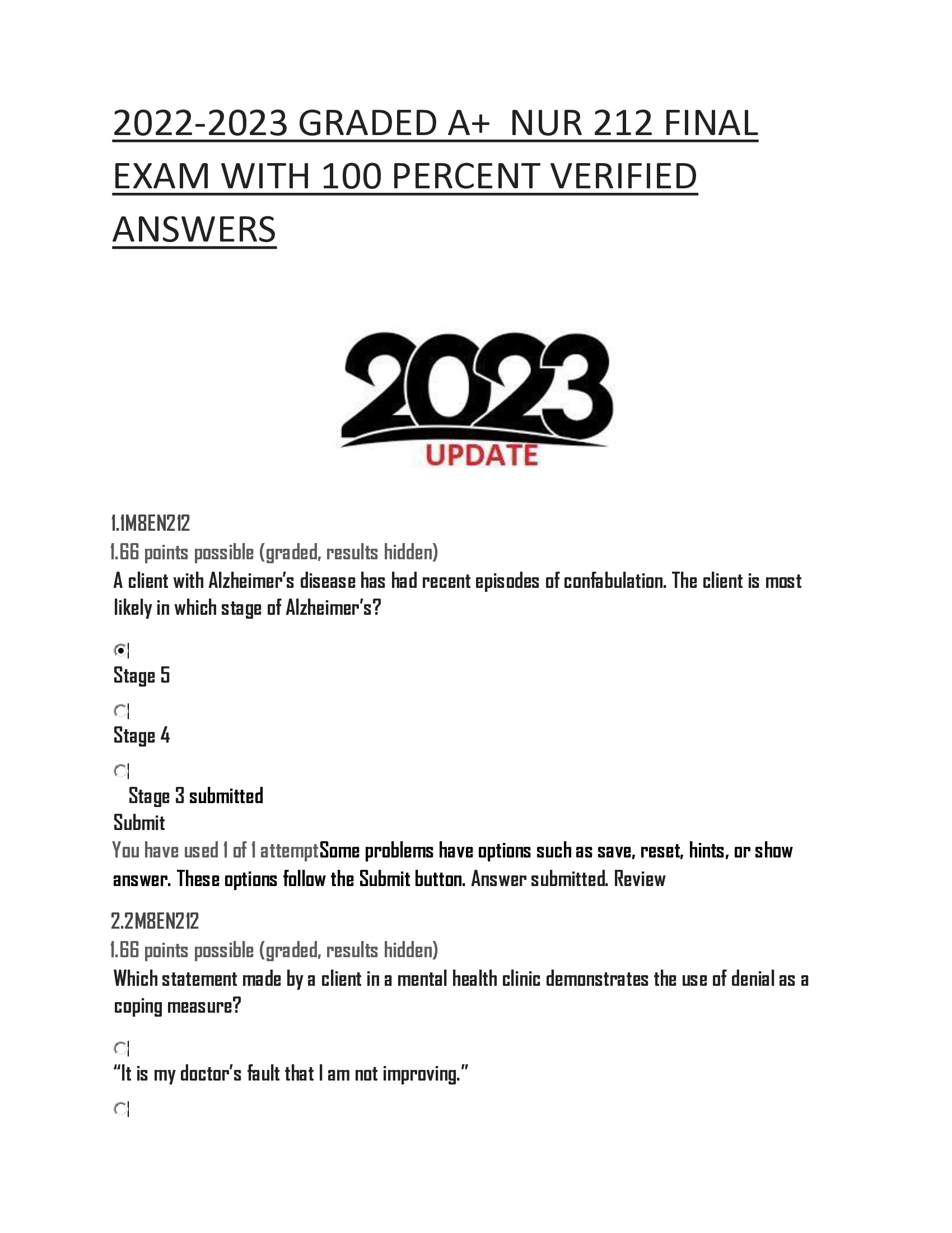 2022-2023 GRADED A+ NUR 212 FINAL  EXAM WITH 100 PERCENT VERIFIED  ANSWERS