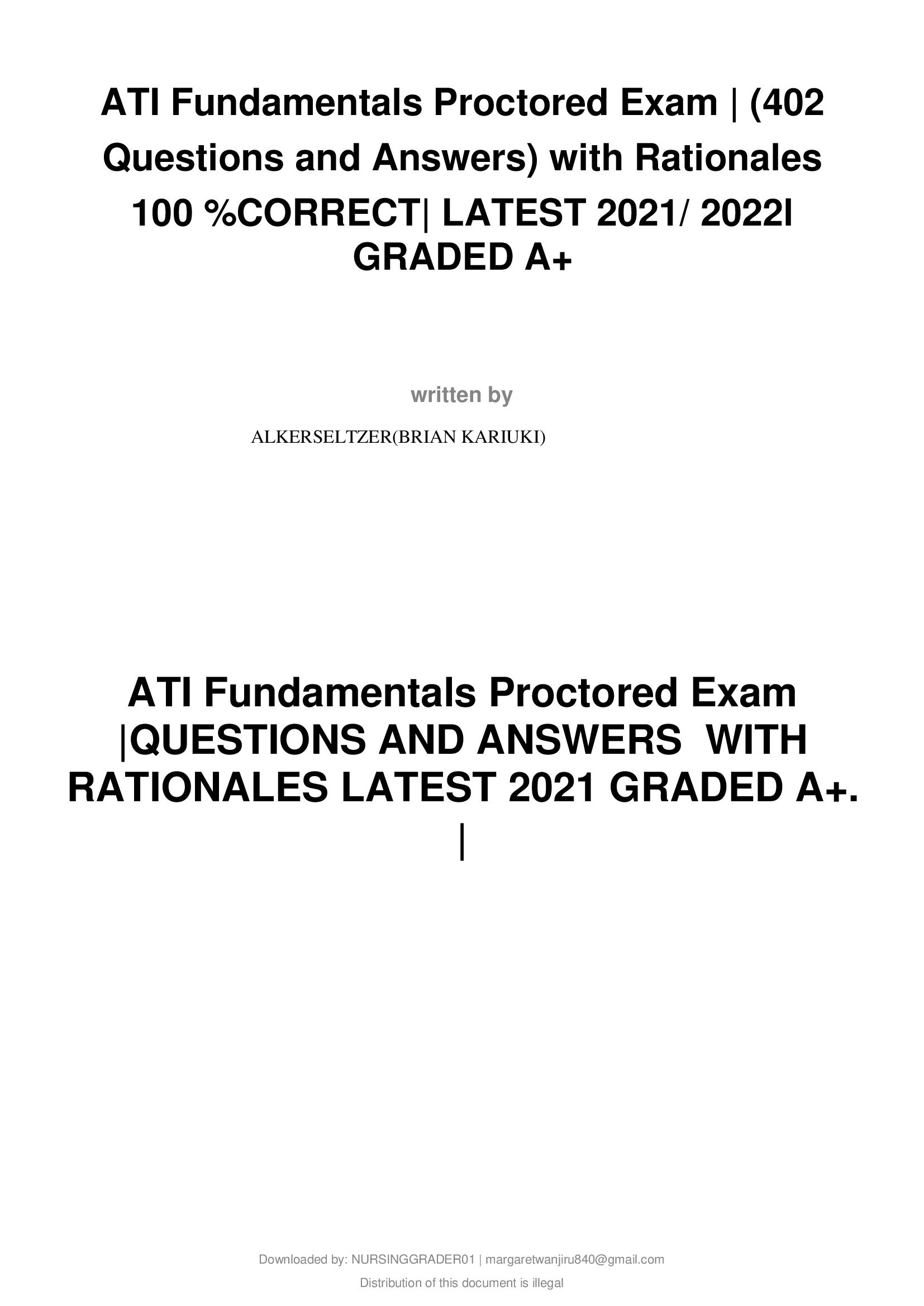 ATI Fundamentals Proctored Exam | (402 Questions and Answers) with Rationales CORRECT| LATEST 2021, 2022l  GRADED A+