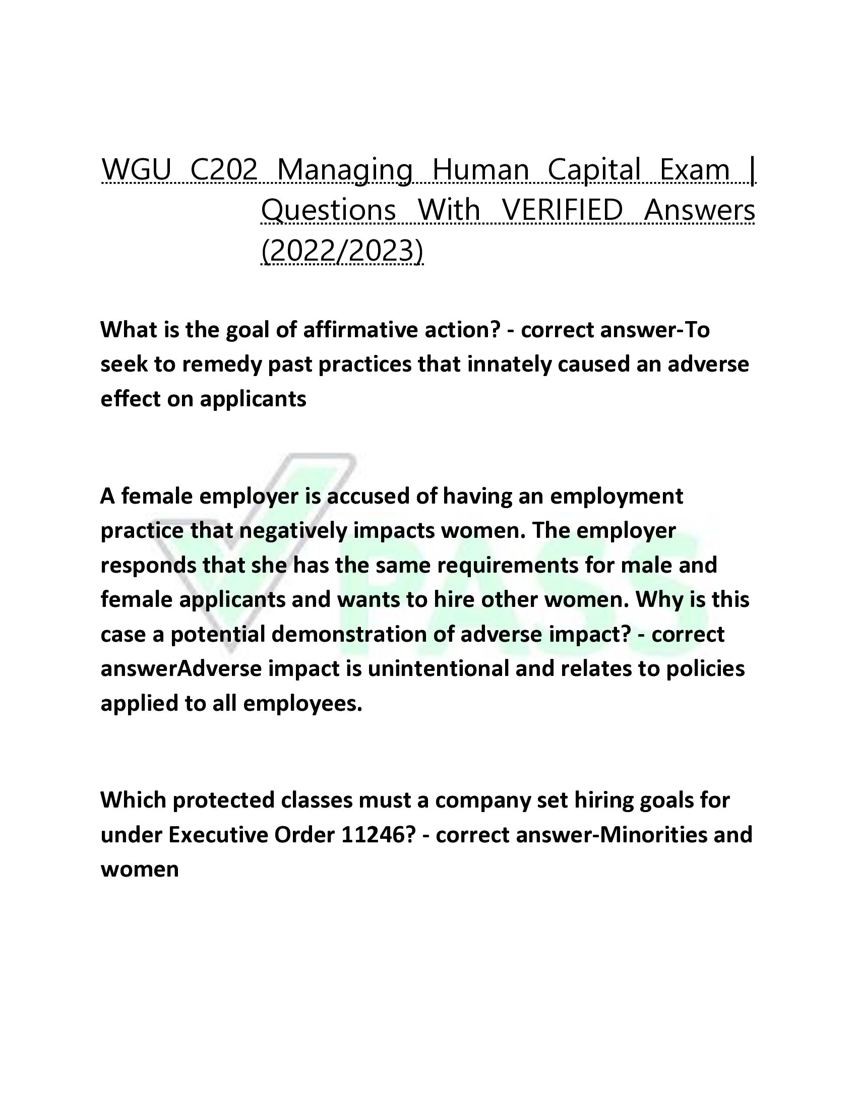 WGU C202 Managing Human Capital Exam |  Questions With VERIFIED Answers  (2022, 2023)