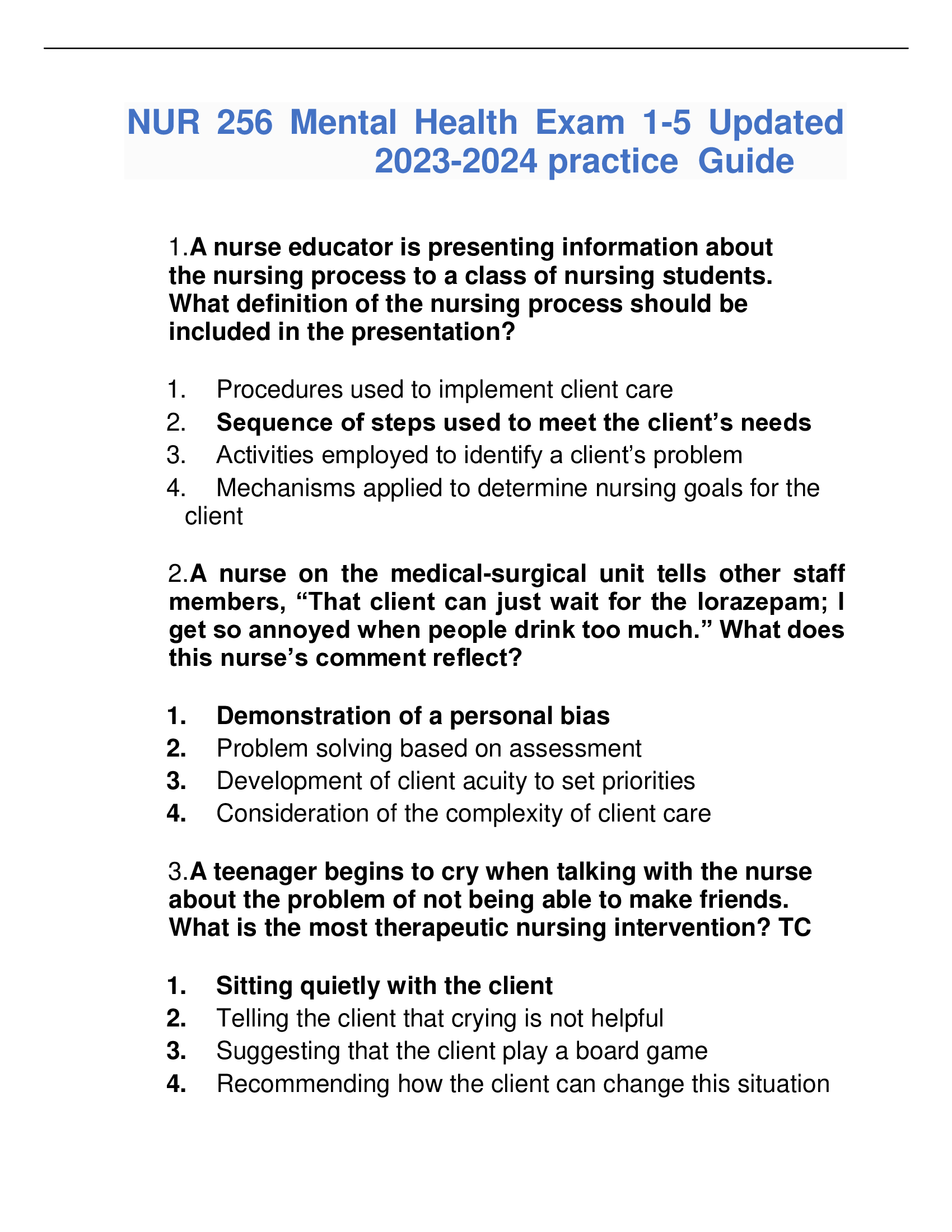 NUR 256 Mental Health Exam 1-5 Updated  2023-2024 practice Guide