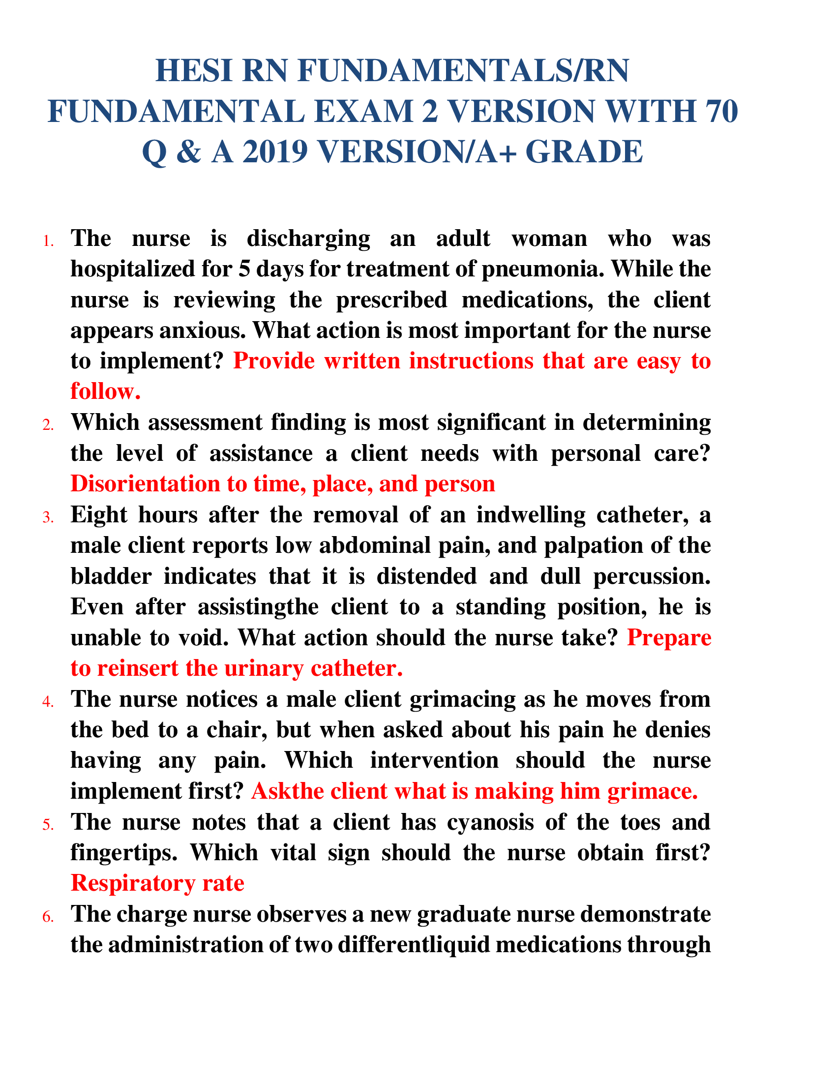 HESI RN FUNDAMENTALS, RN  FUNDAMENTAL EXAM 2 VERSION WITH 70  Q & A 2019 VERSION, A+ GRADE