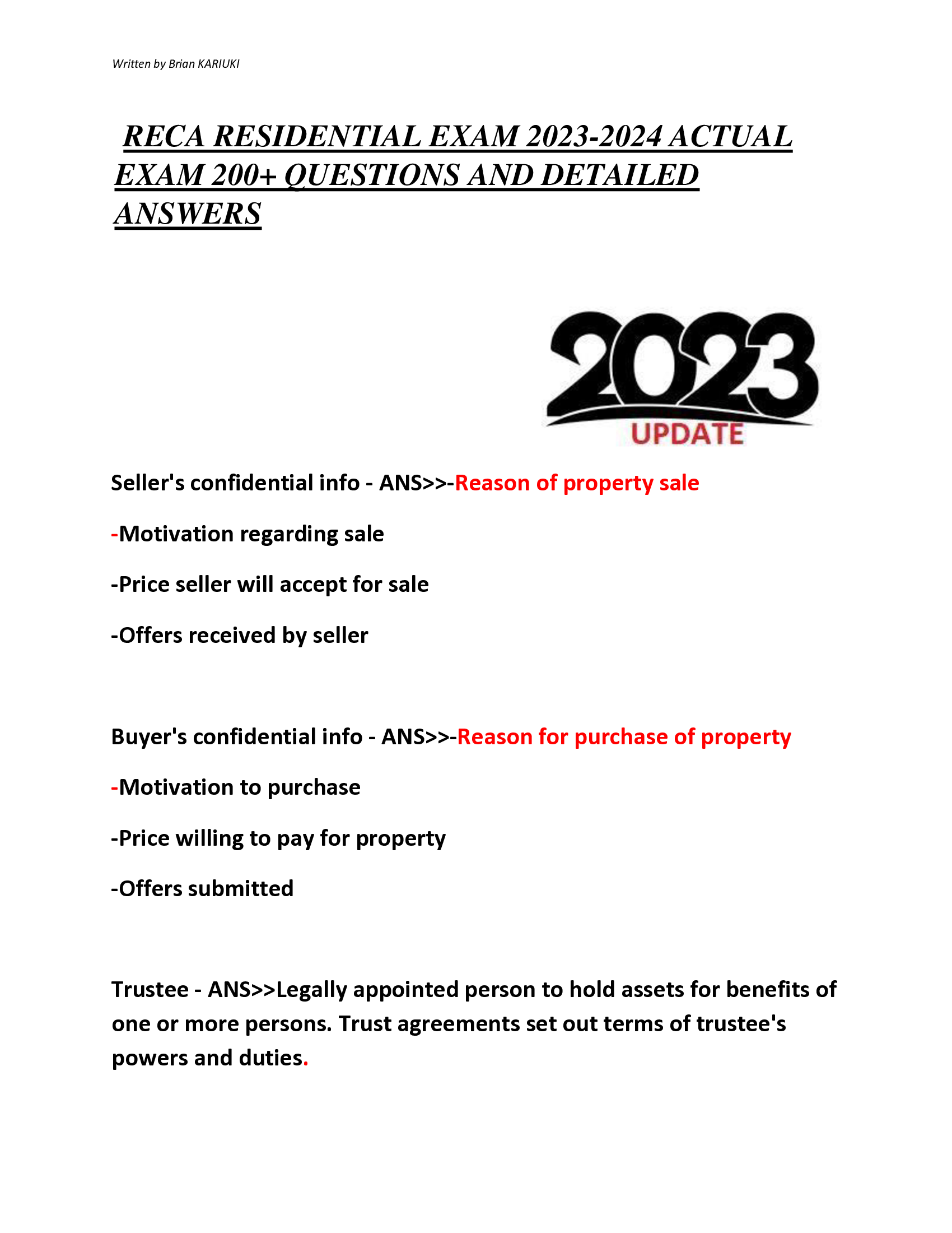 RECA RESIDENTIAL EXAM 2023-2024 ACTUAL  EXAM 200+ QUESTIONS AND DETAILED  ANSWERS