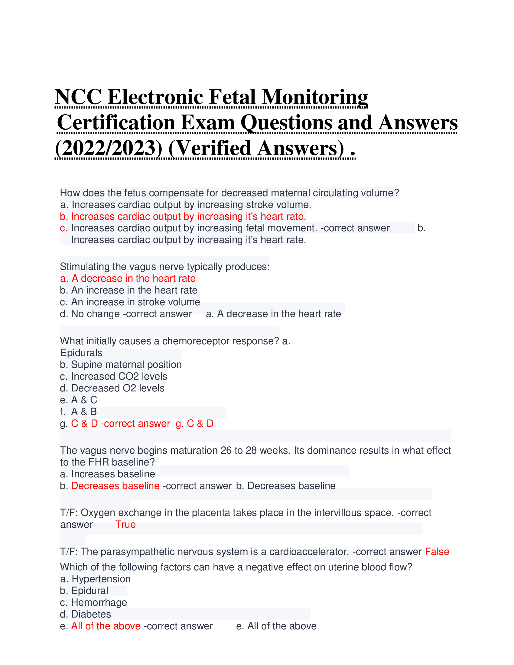 NCC Electronic Fetal Monitoring  Certification Exam Questions and Answers  (2022, 2023) (Verified Answers) .