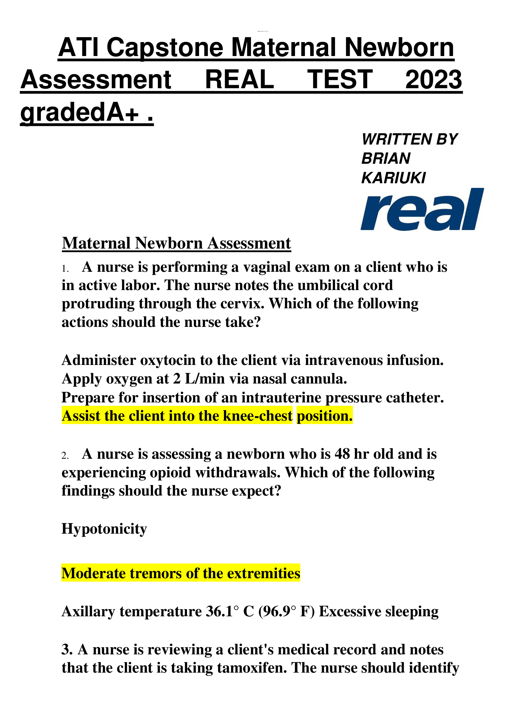 ATI Capstone Maternal Newborn  Assessment REAL TEST 2023  gradedA+ .