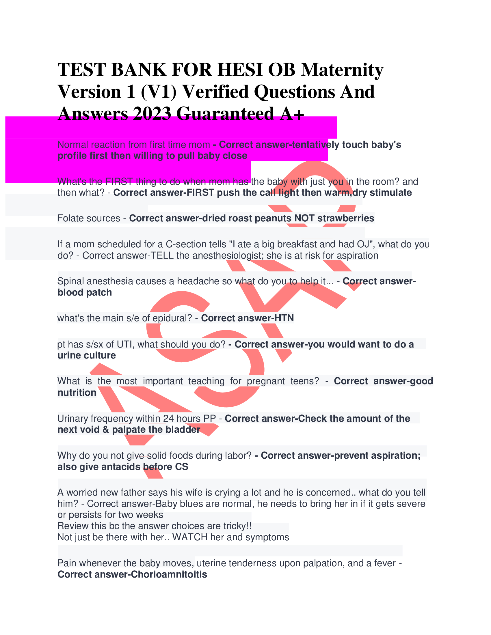 TEST BANK FOR HESI OB Maternity  Version 1 (V1) Verified Questions And  Answers 2023 Guaranteed A+