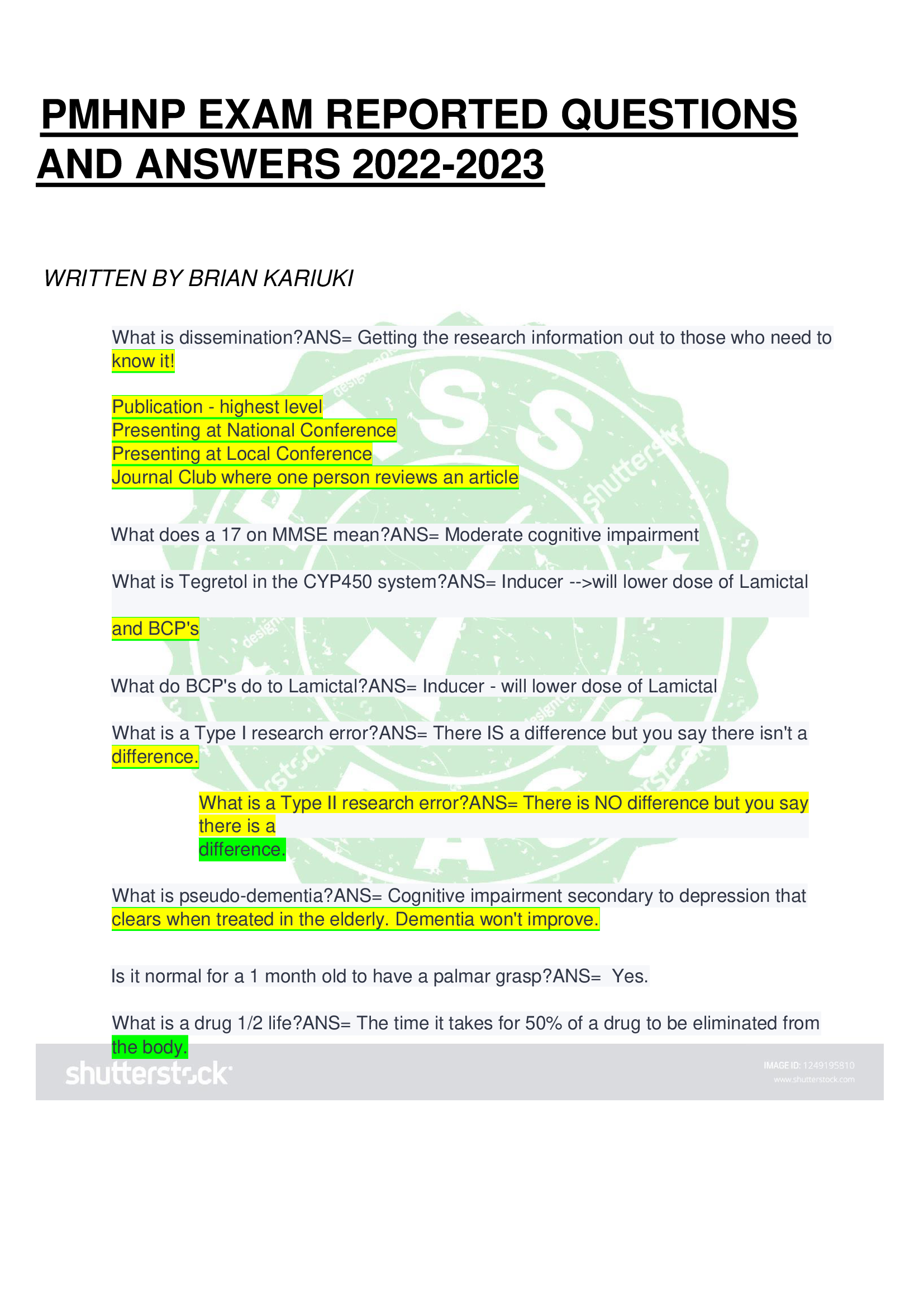 PMHNP EXAM REPORTED QUESTIONS  AND ANSWERS 2022-2023