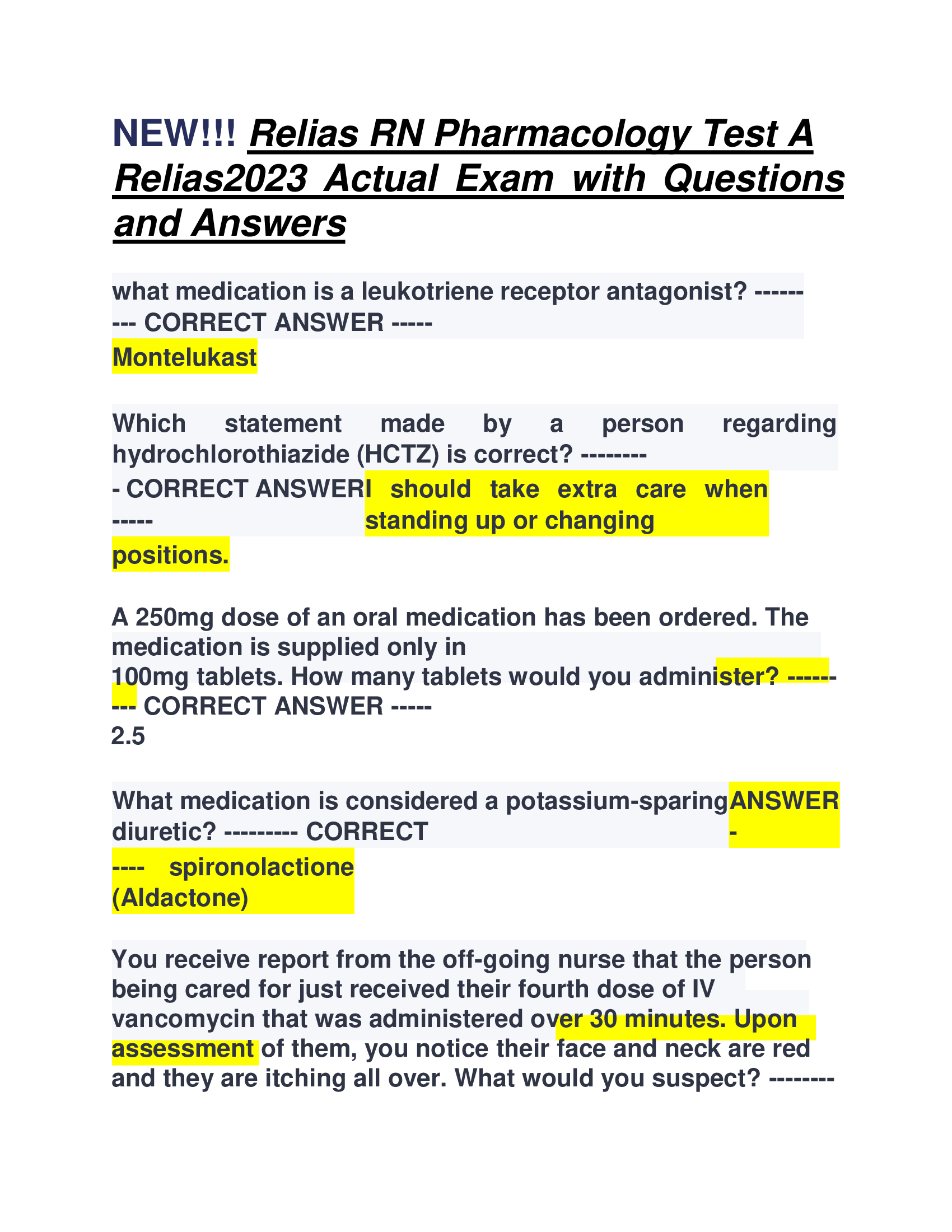 NEW!!! Relias RN Pharmacology Test A  Relias2023 Actual Exam with Questions  and Answers