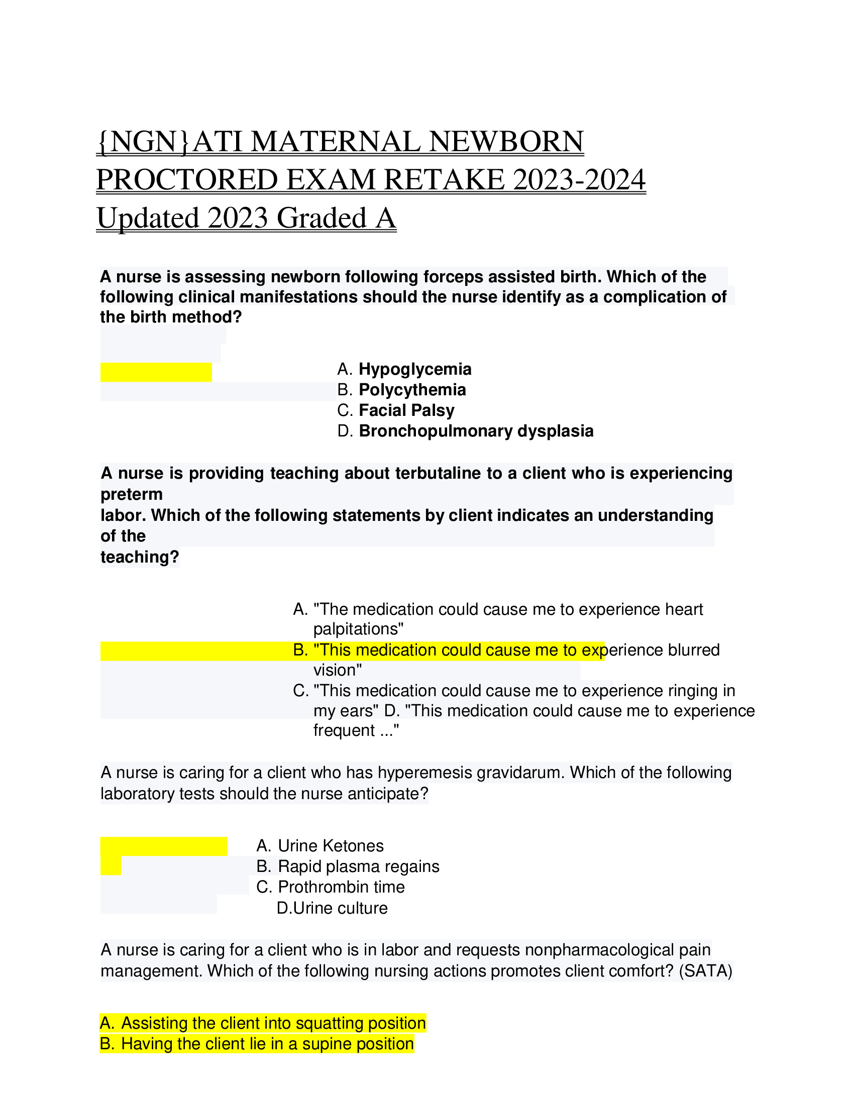 {NGN}ATI MATERNAL NEWBORN  PROCTORED EXAM RETAKE 2023-2024  Updated 2023 Graded A