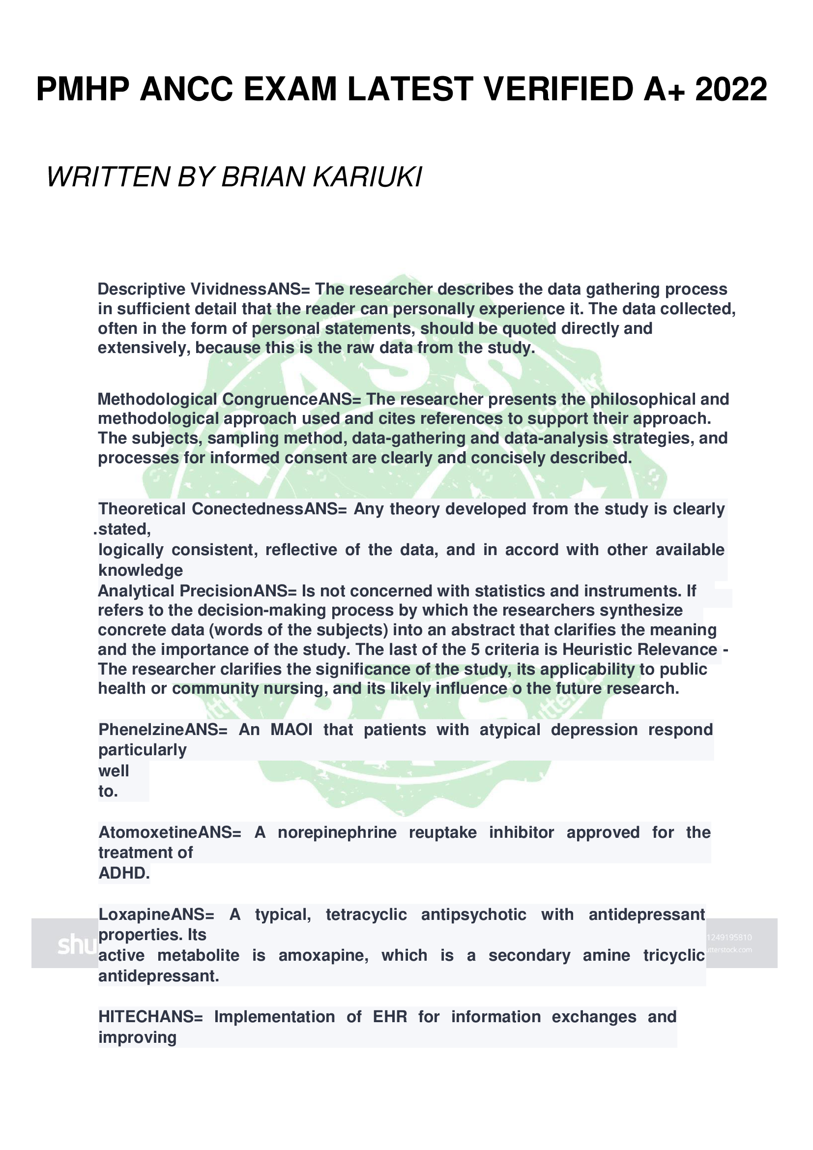 PMHP ANCC EXAM LATEST VERIFIED A+ 2022