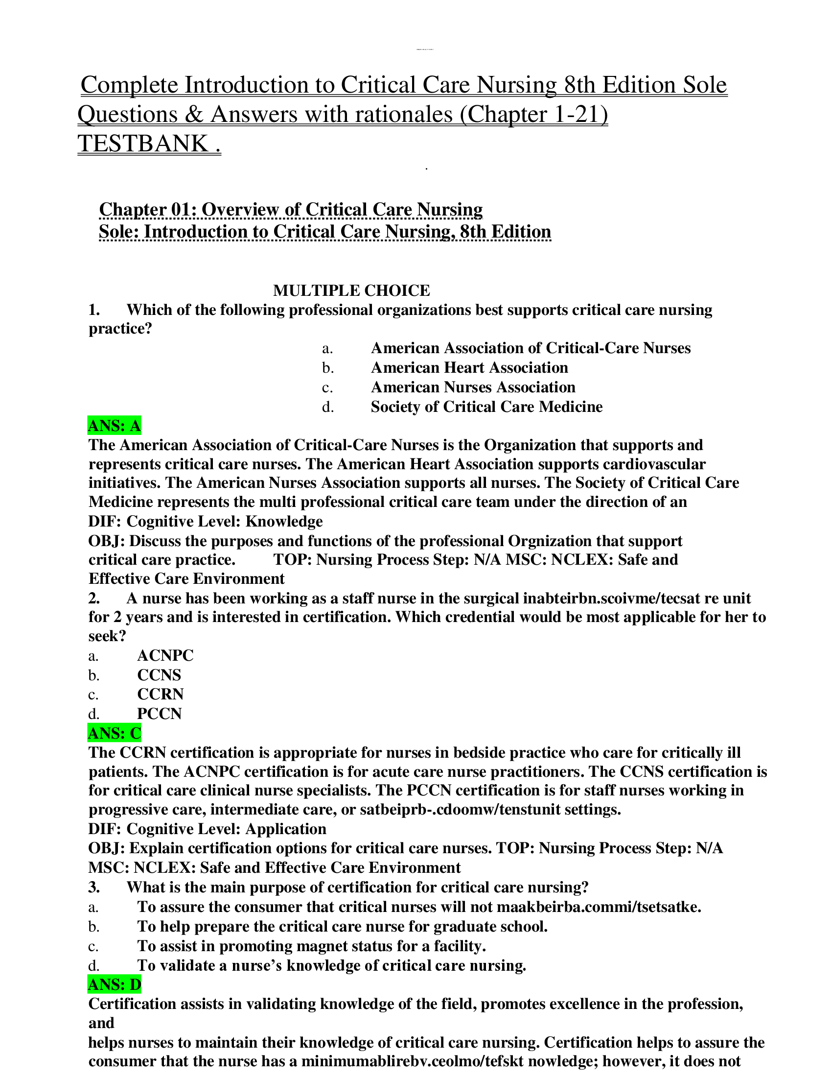 Complete Introduction to Critical Care Nursing 8th Edition Sole  Questions & Answers with rationales (Chapter 1-21)  TESTBANK .