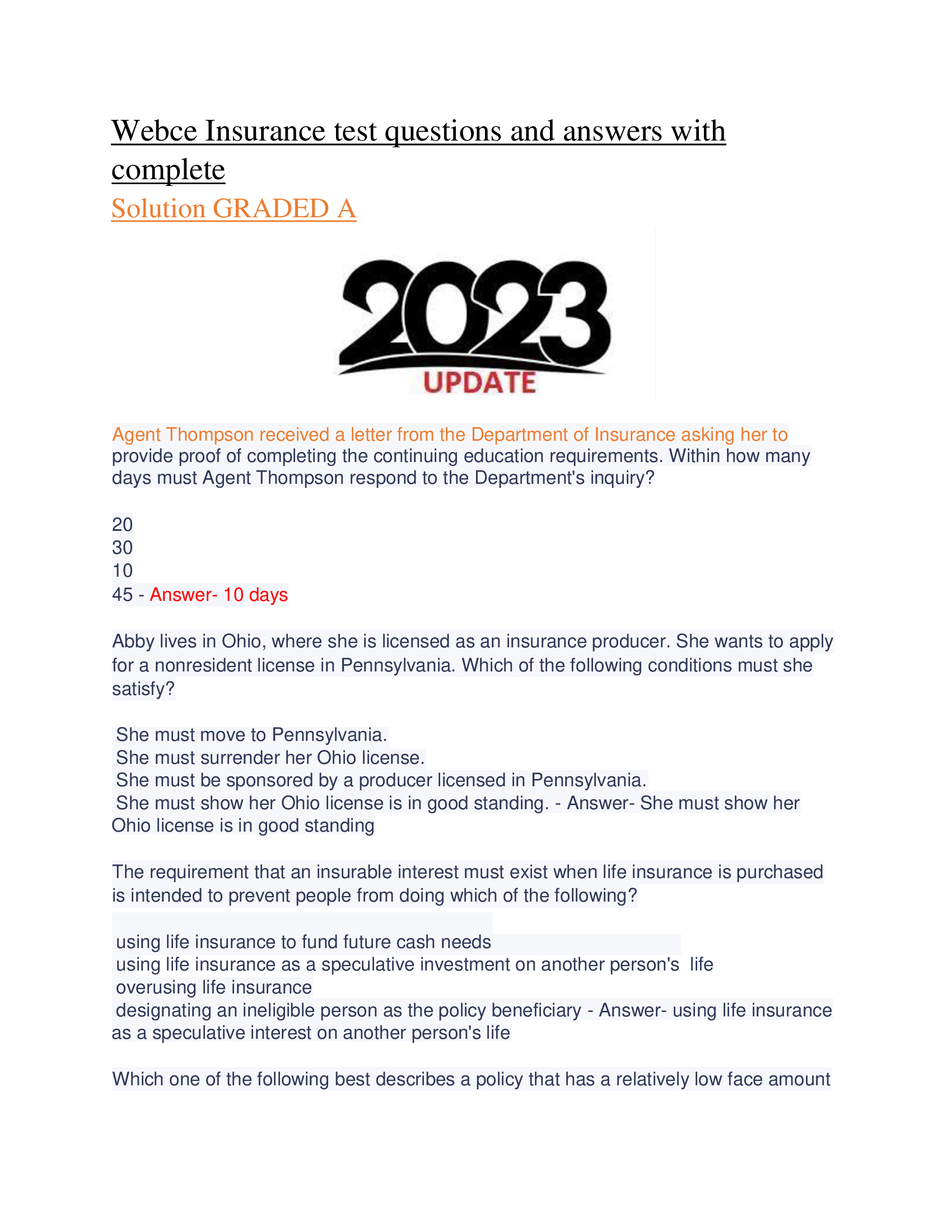 Webce Insurance test questions and answers with  complete  Solution GRADED A