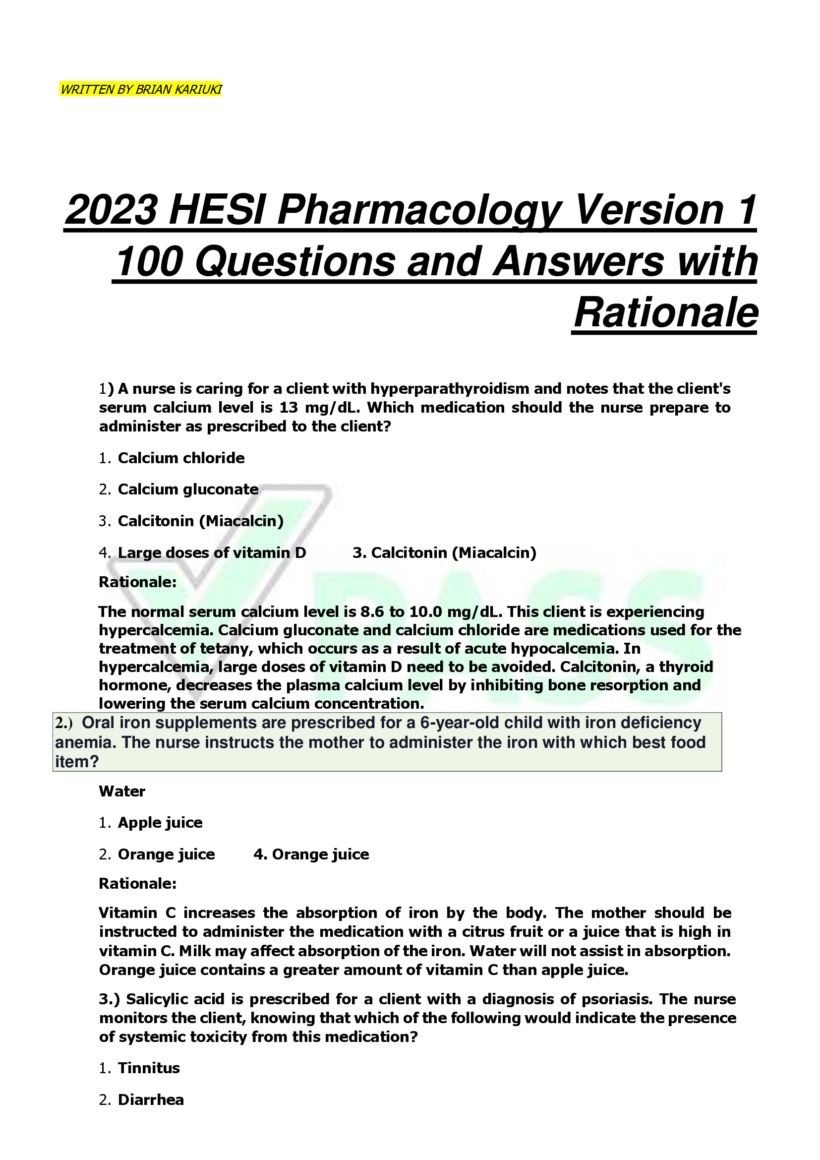2023 HESI Pharmacology Version 1  100 Questions and Answers with  Rationale