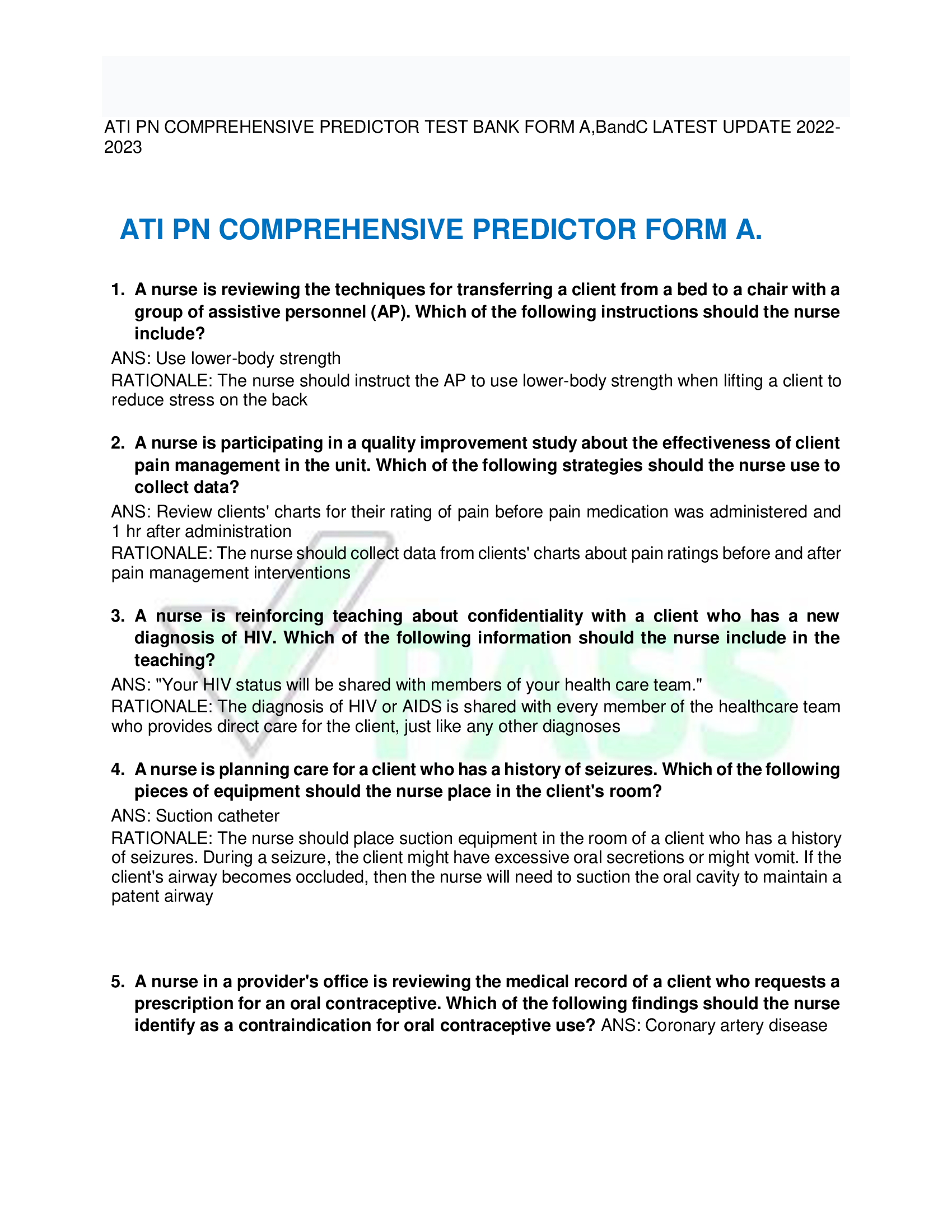 ATI PN COMPREHENSIVE PREDICTOR TEST BANK FORM A,BandC LATEST UPDATE 2022- 2023