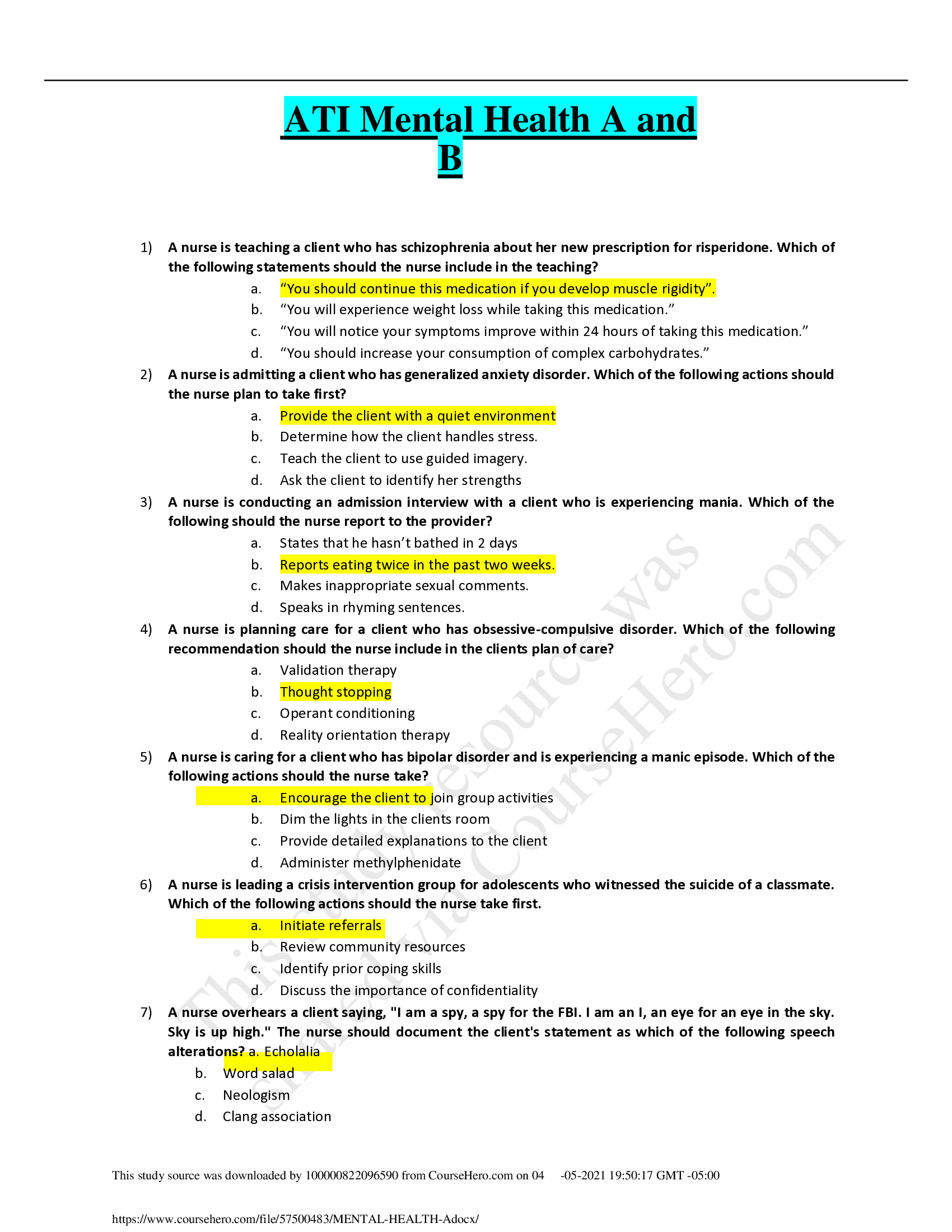 ATI Mental Health A and  B
