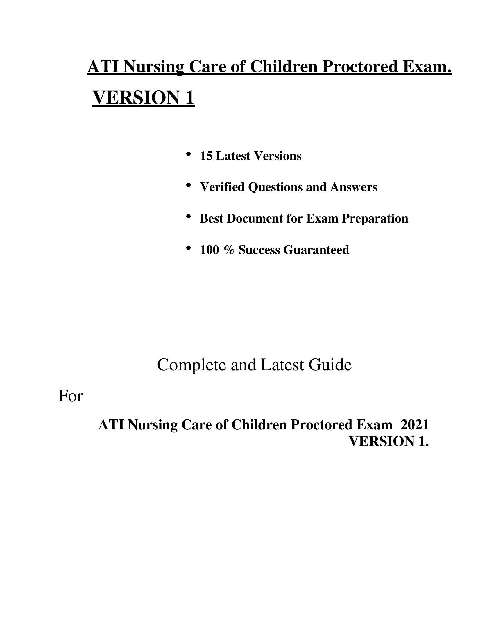 ATI Nursing Care of Children Proctored Exam. VERSION 1