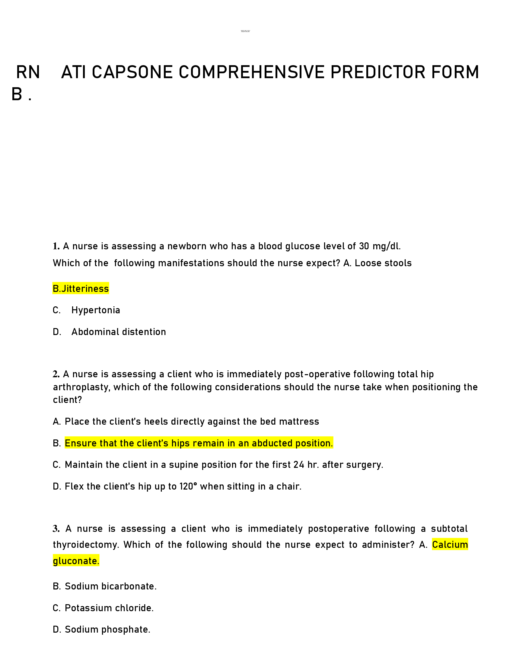 RN ATI CAPSONE COMPREHENSIVE PREDICTOR FORM  B .