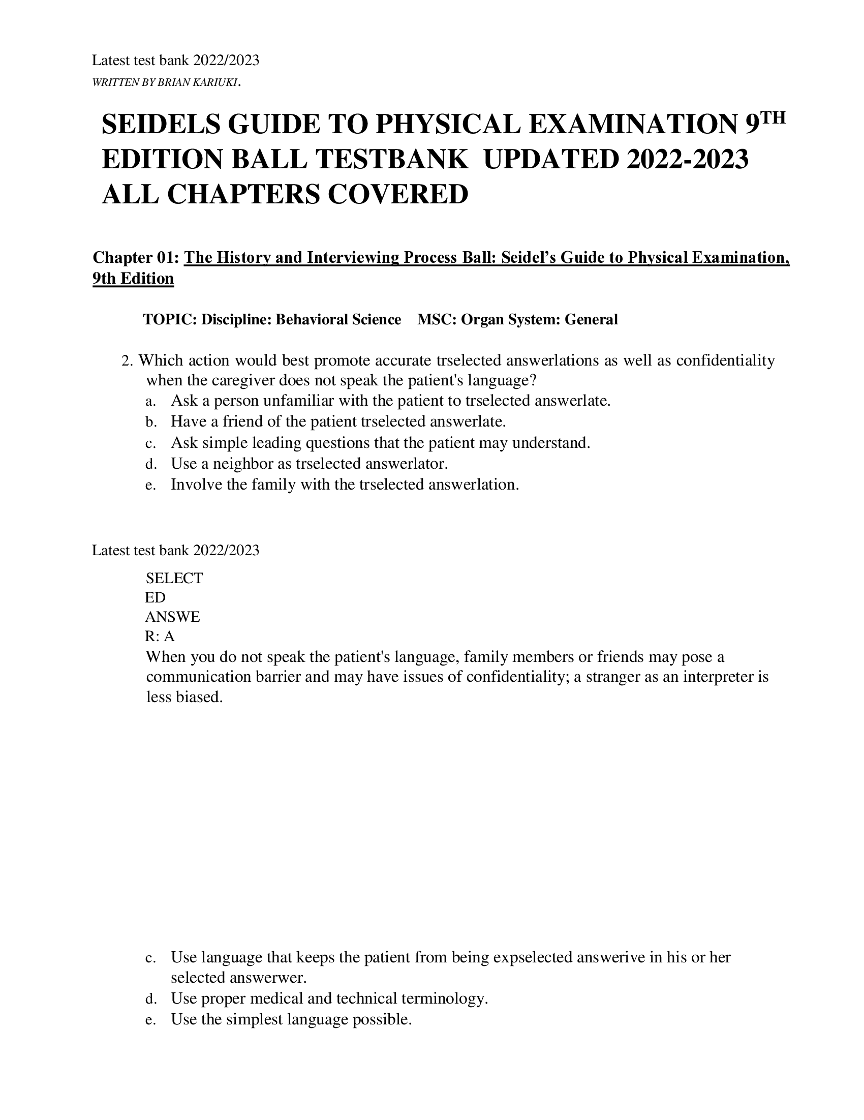 Test Bank for Chapters 1-26 of Seidel's Guide to Physical Examination: Interprofessional Approach, 9th Edition by Jane W. Ball and Joyce E. Dains
