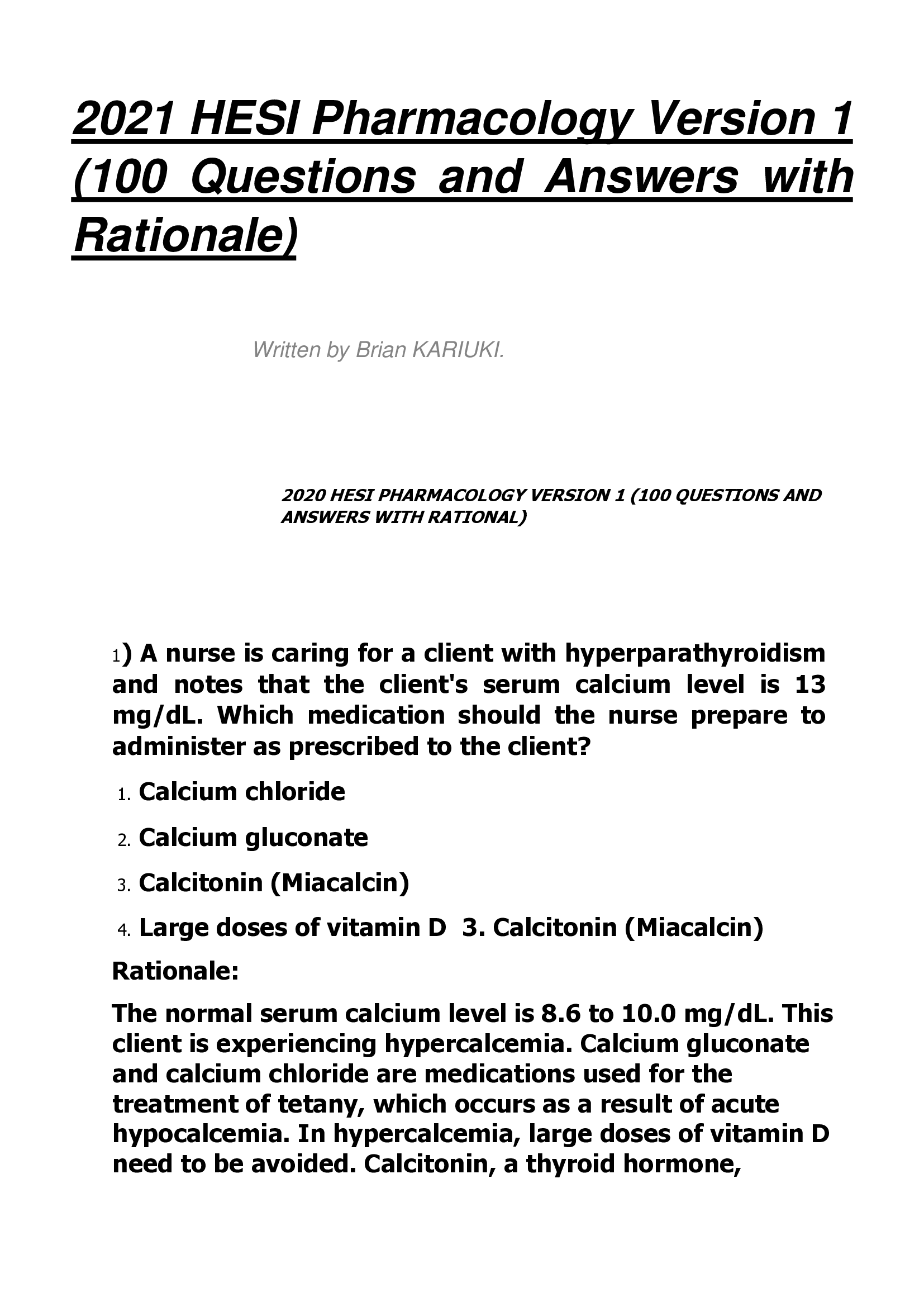 2021 HESI Pharmacology Version 1 (100 Questions and Answers with  Rationale)