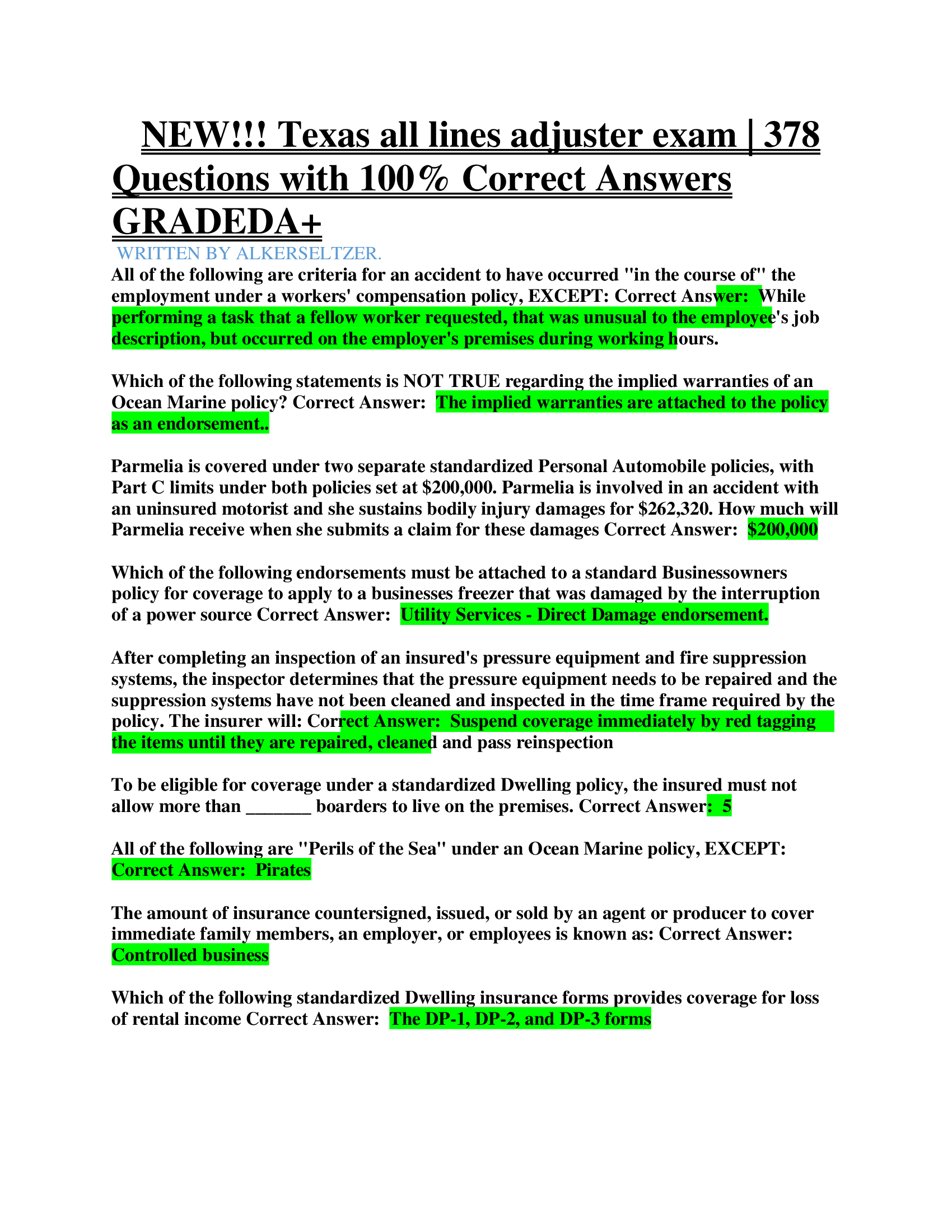 NEW!!! Texas all lines adjuster exam | 378  Questions with 100% Correct Answers  GRADEDA+