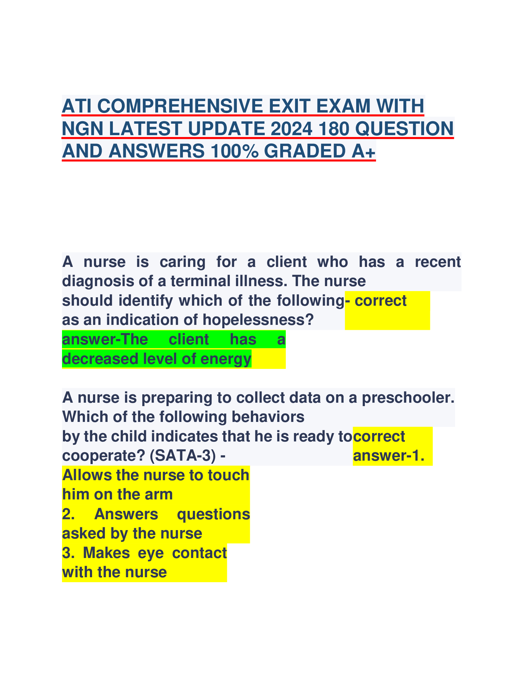 ATI COMPREHENSIVE EXIT EXAM WITH NGN LATEST UPDATE 2024 180 QUESTION AND ANSWERS 100% GRADED A+