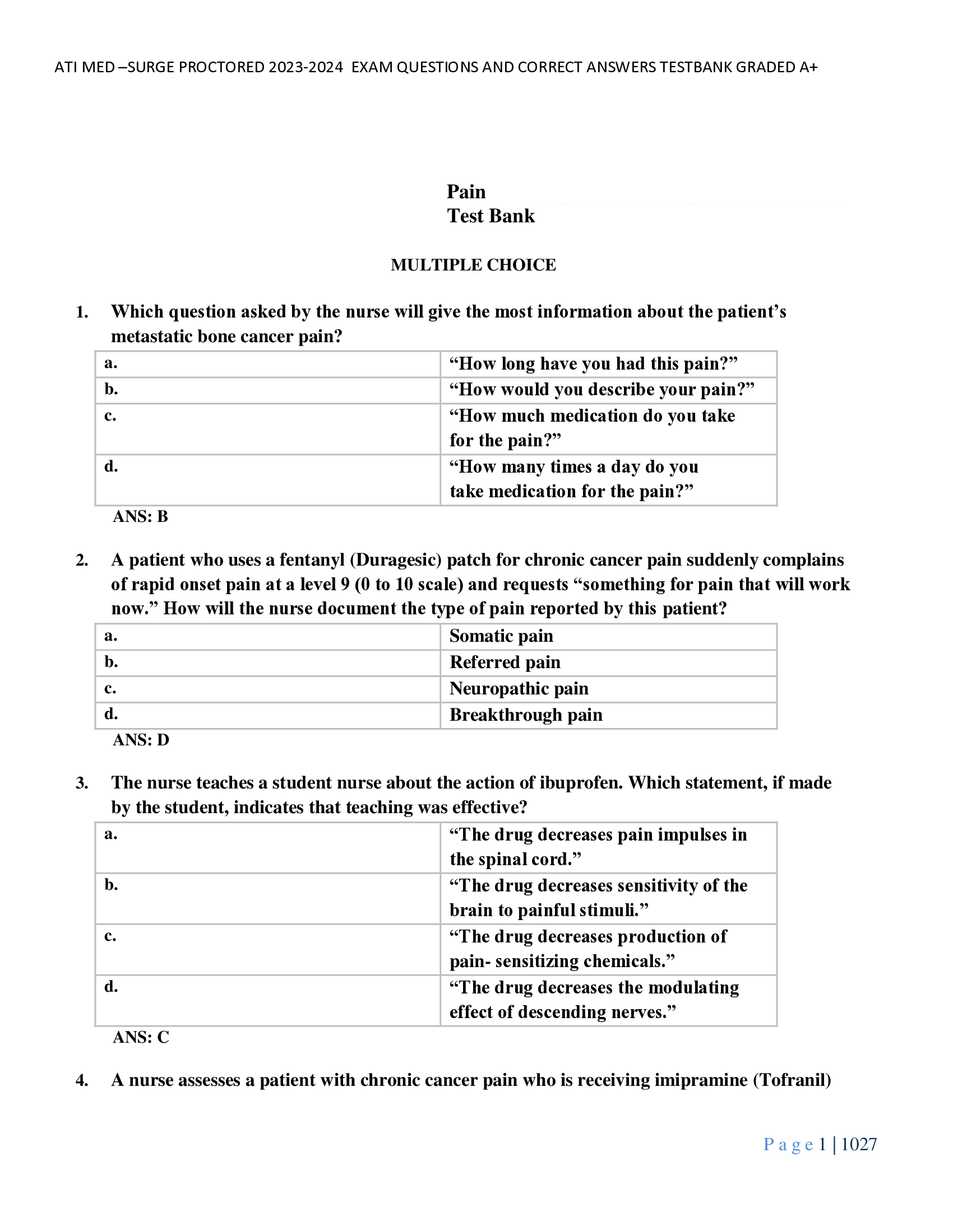 ATI MED –SURGE PROCTORED 2023-2024 EXAM QUESTIONS AND CORRECT ANSWERS TESTBANK GRADED A+