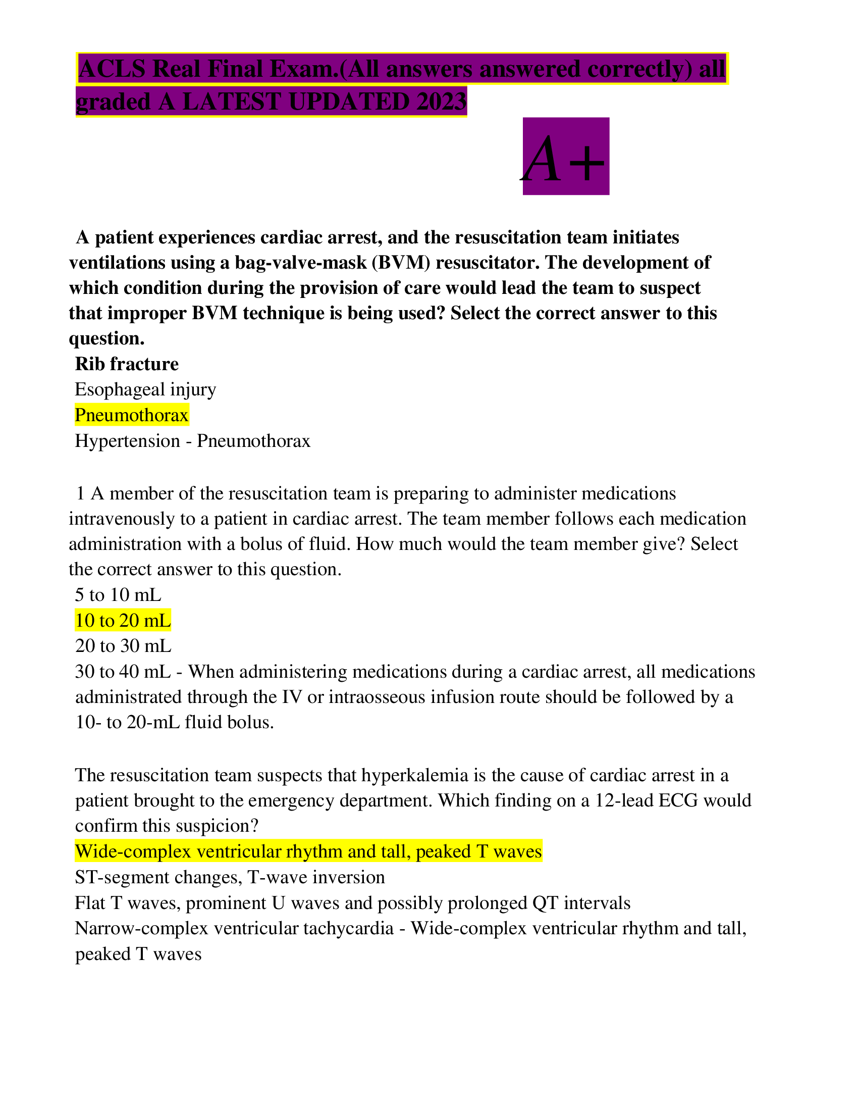 ACLS Real Final Exam.(All answers answered correctly) all graded A LATEST UPDATED 2023 A+