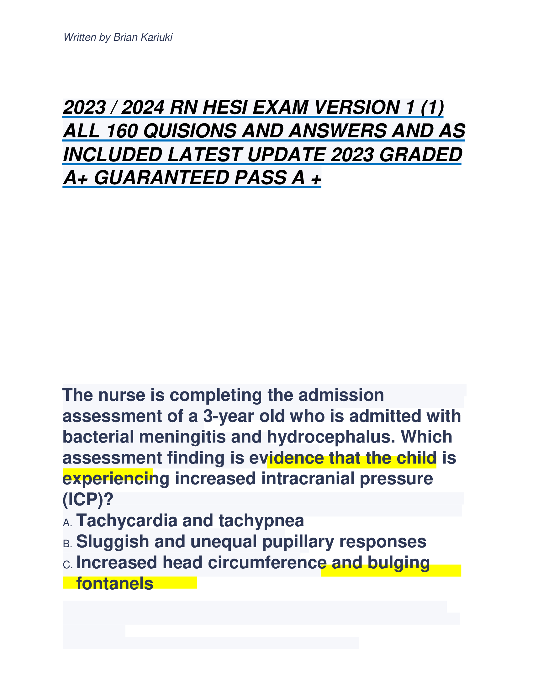 2023, 2024 RN HESI EXAM VERSION 1 (1) ALL 160 QUISIONS AND ANSWERS AND AS INCLUDED LATEST UPDATE 2023 GRADED A+ GUARANTEED PASS A +