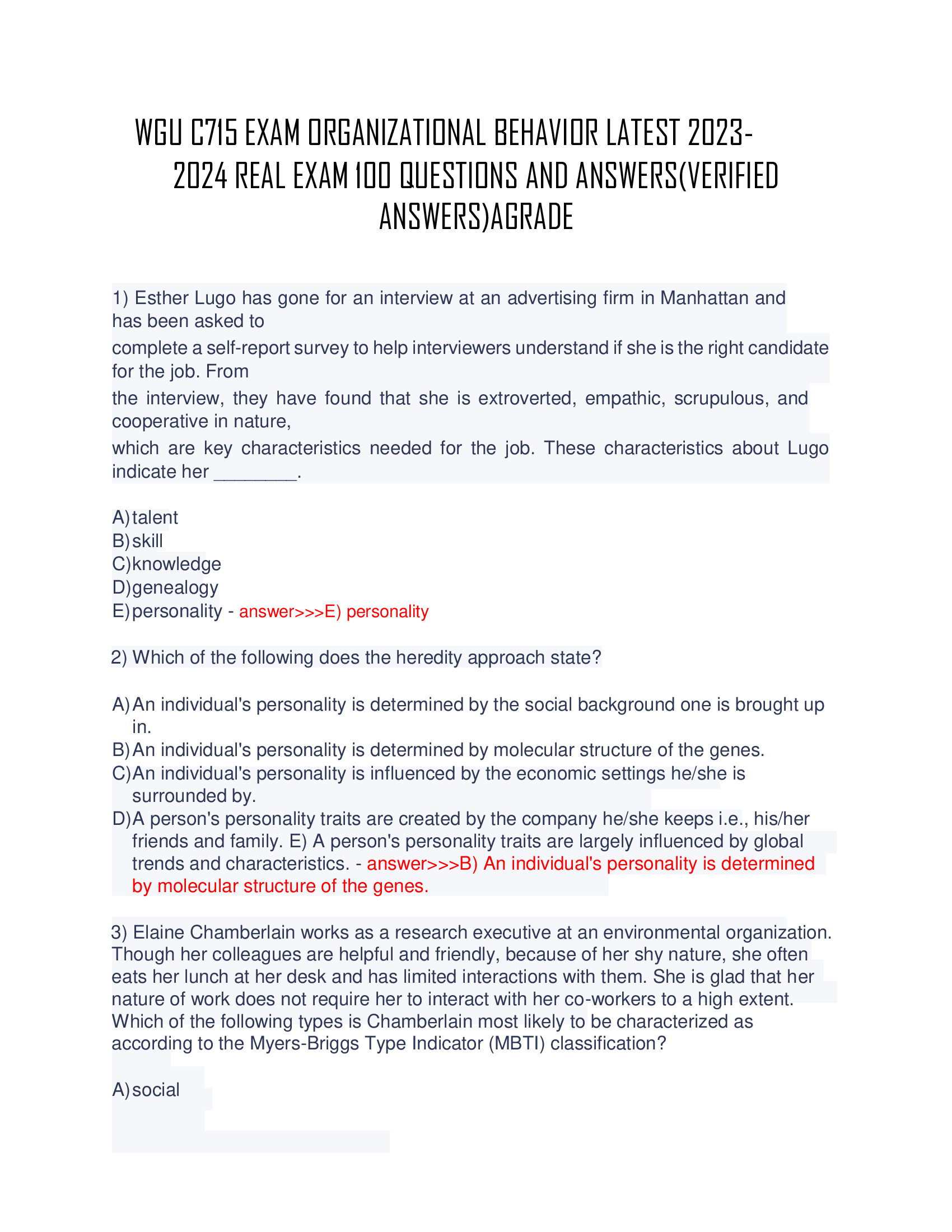 WGU C715 EXAM ORGANIZATIONAL BEHAVIOR LATEST 2023- 2024 REAL EXAM 100 QUESTIONS AND ANSWERS(VERIFIED  ANSWERS)AGRADE