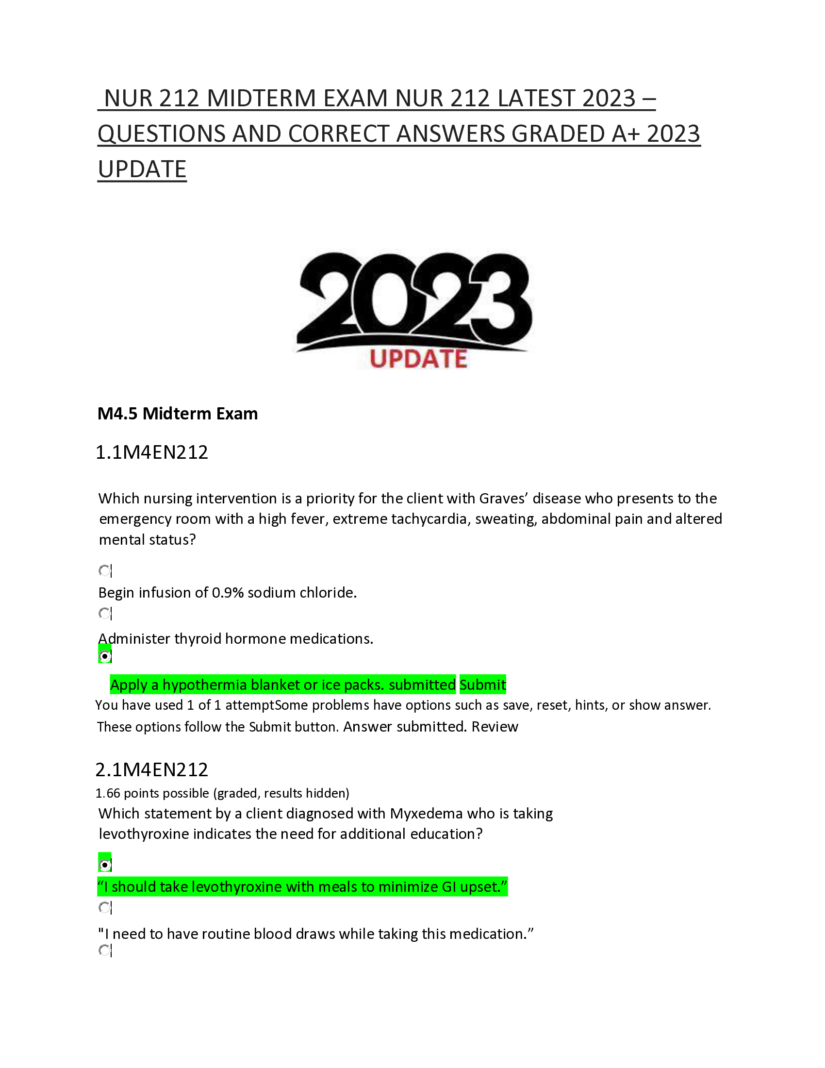 NUR 212 MIDTERM EXAM NUR 212 LATEST 2023 – QUESTIONS AND CORRECT ANSWERS GRADED A+ 2023  UPDATE