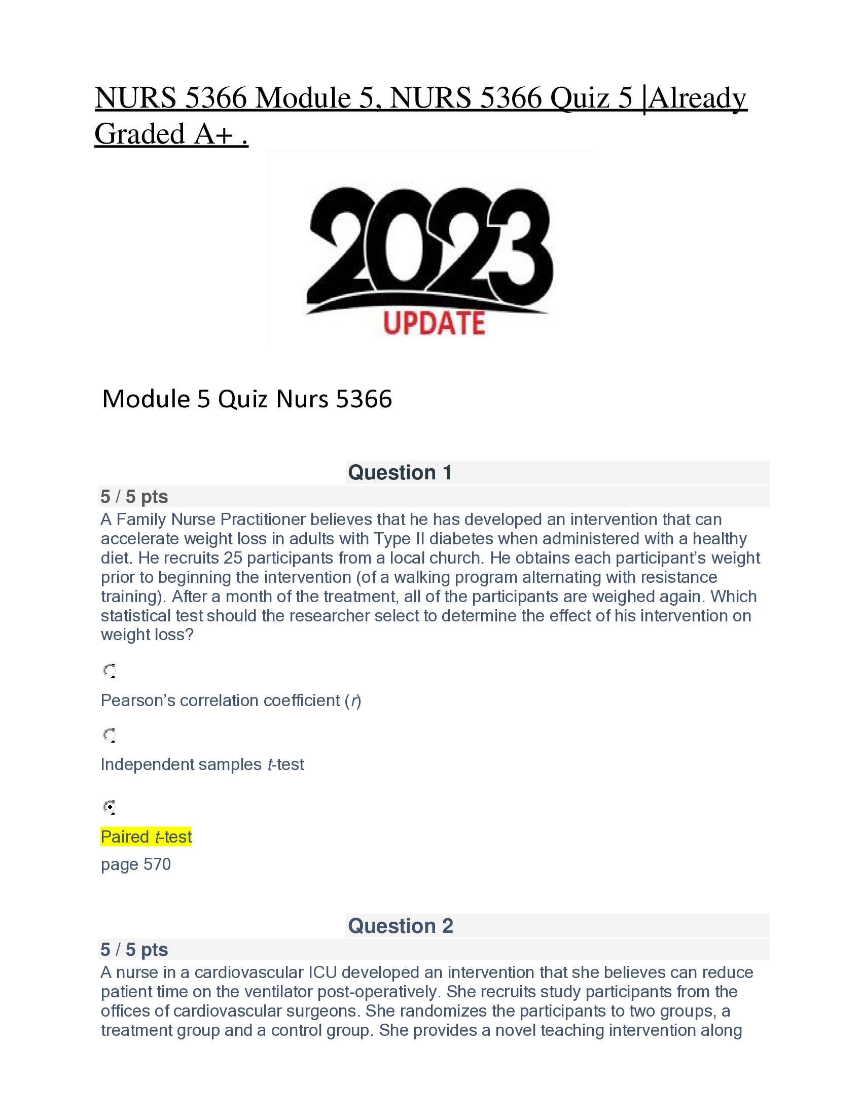 NURS 5366 Module 5, NURS 5366 Quiz 5 |Already  Graded A+ .