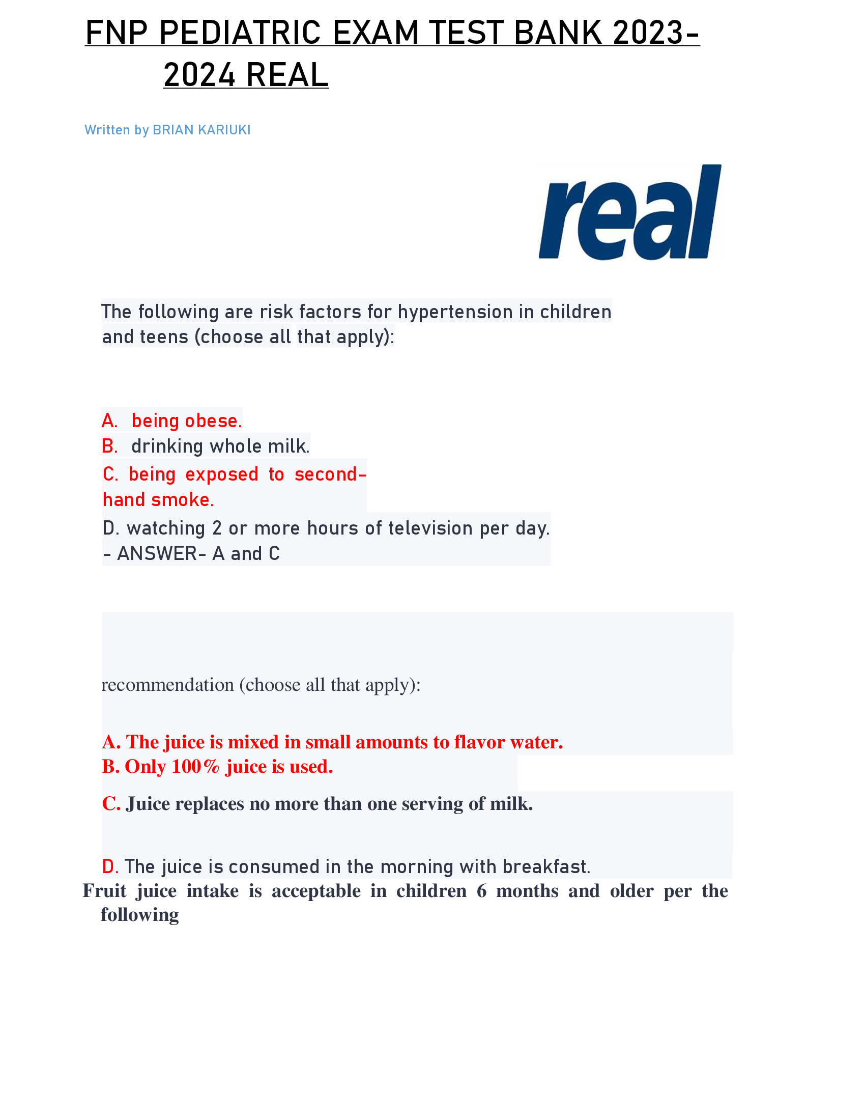 FNP Pediatric Exam Test Bank; complete  A+ Questions & Answers