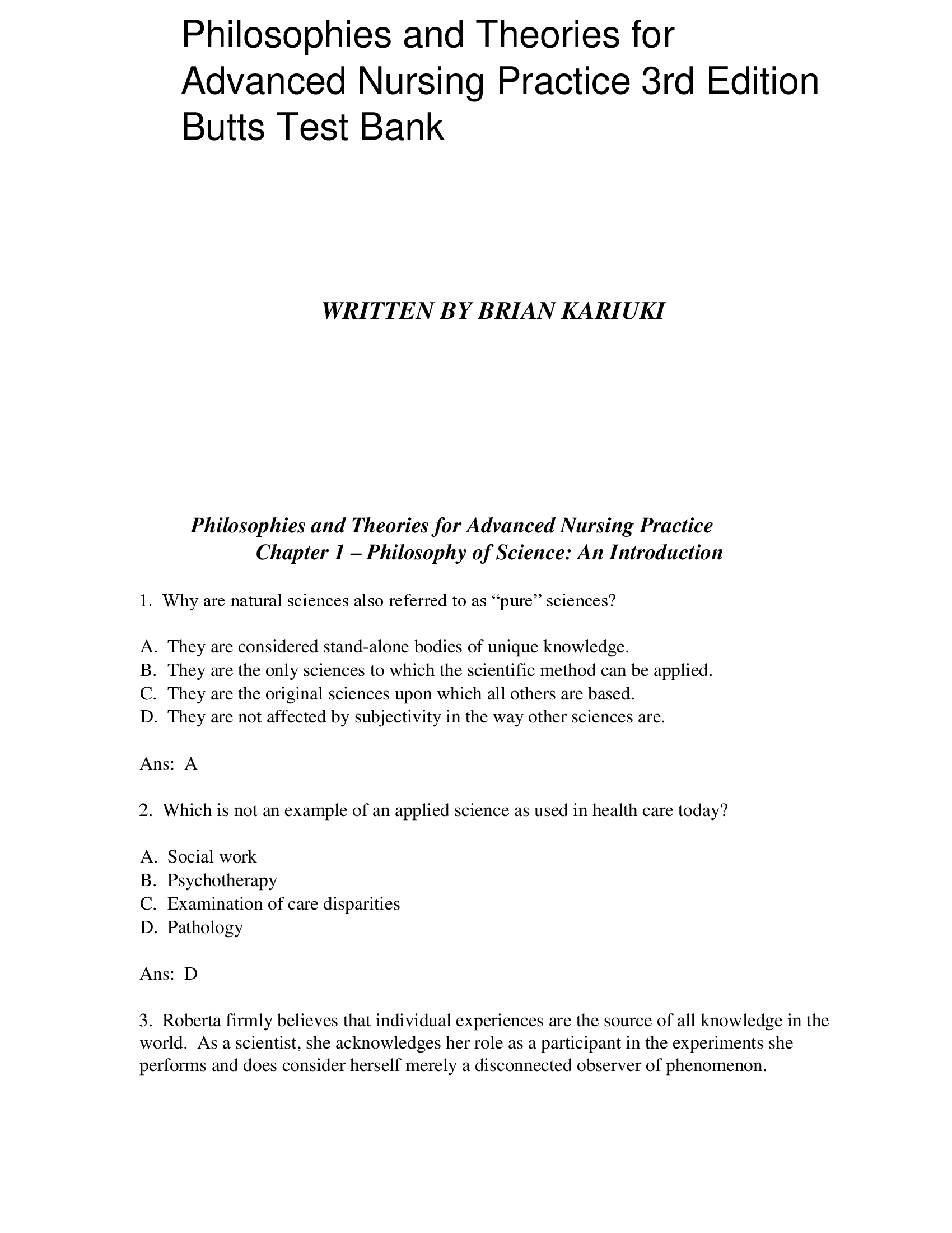 Philosophies and Theories for  Advanced Nursing Practice 3rd Edition  Butts Test Bank