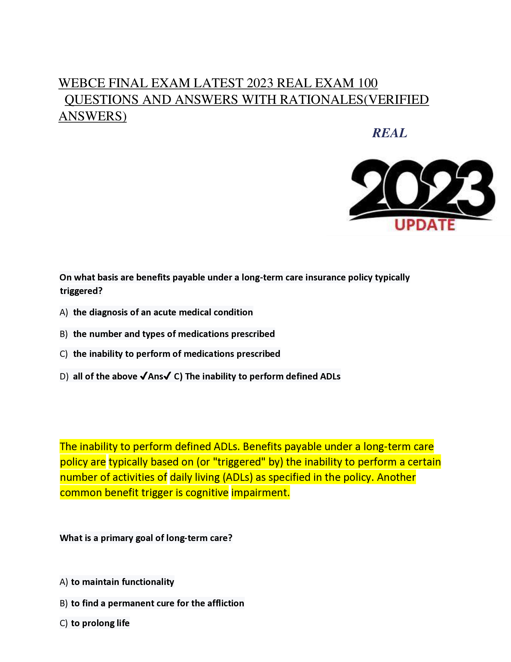 WEBCE FINAL EXAM LATEST 2023 REAL EXAM 100  QUESTIONS AND ANSWERS WITH RATIONALES(VERIFIED  ANSWERS)