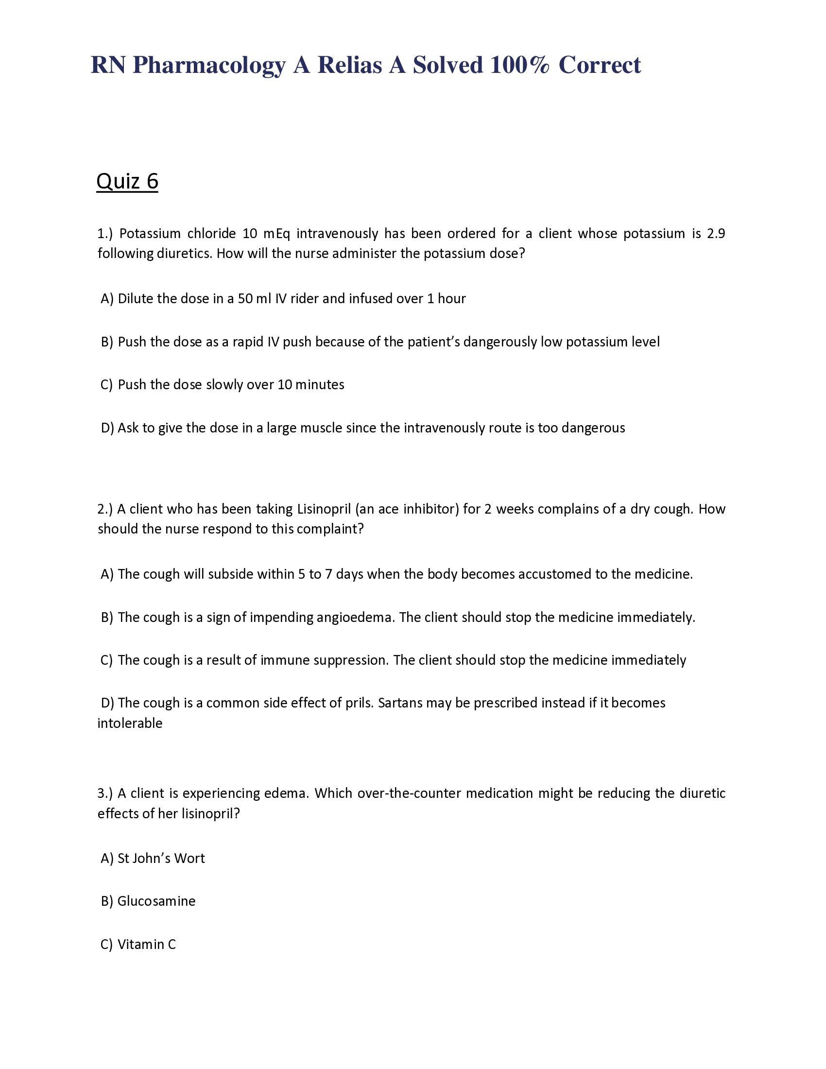 RN Pharmacology A Relias A Solved 100 Percent Correct