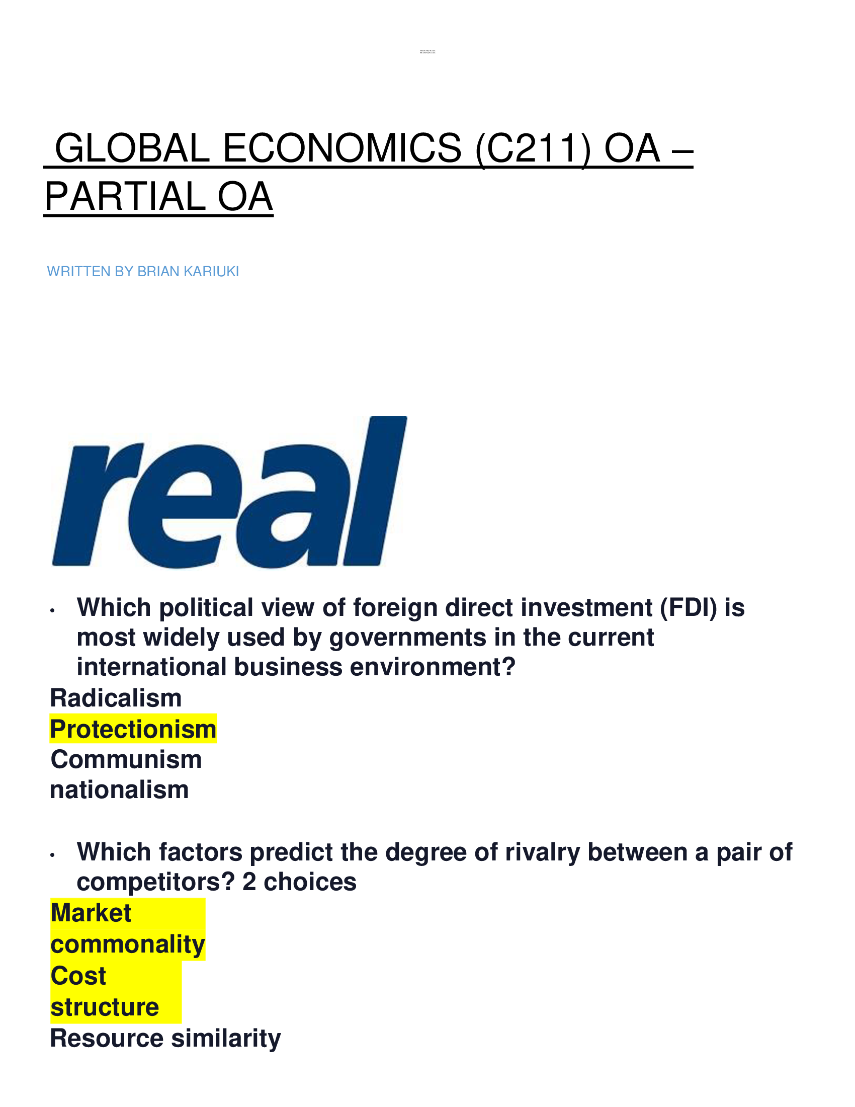 GLOBAL ECONOMICS (C211) OA – PARTIAL OA